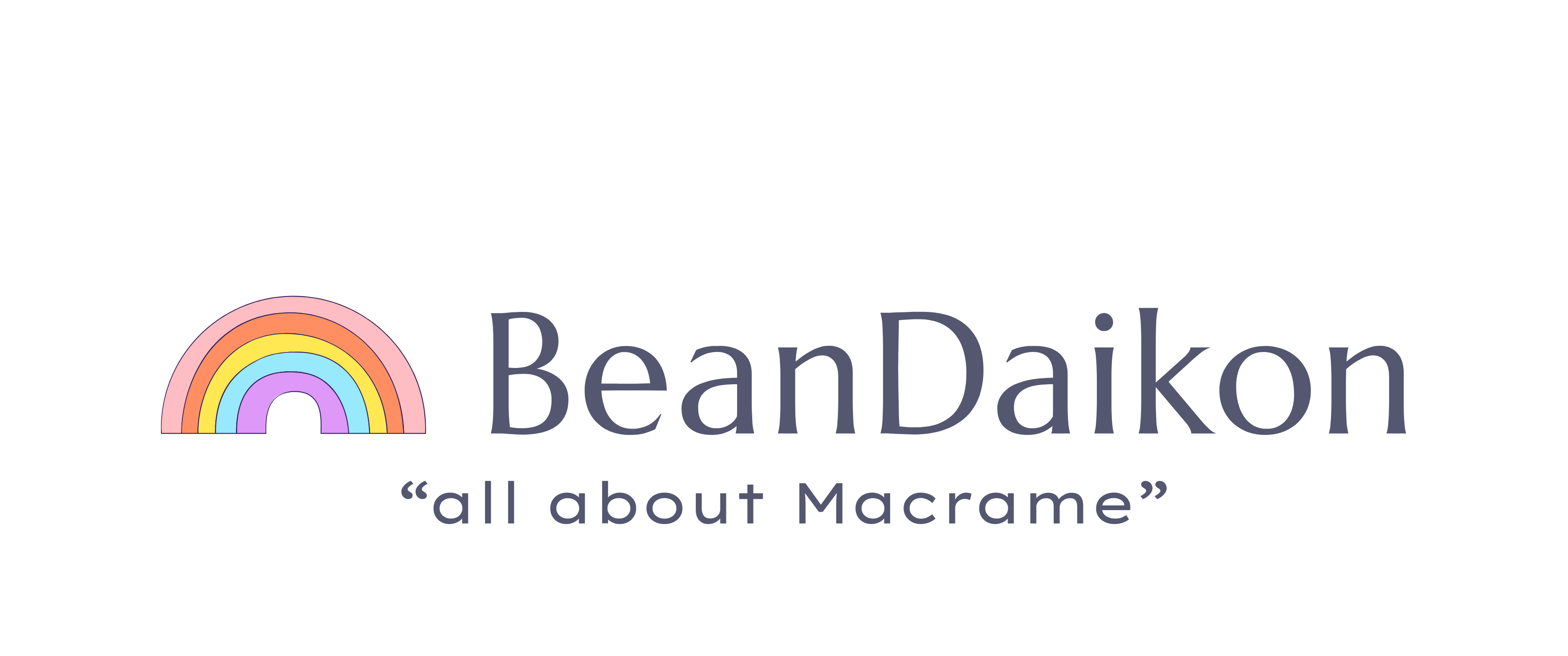 Logo of BeanDaikon with a rainbow and text 'all about Macrame' on a white background