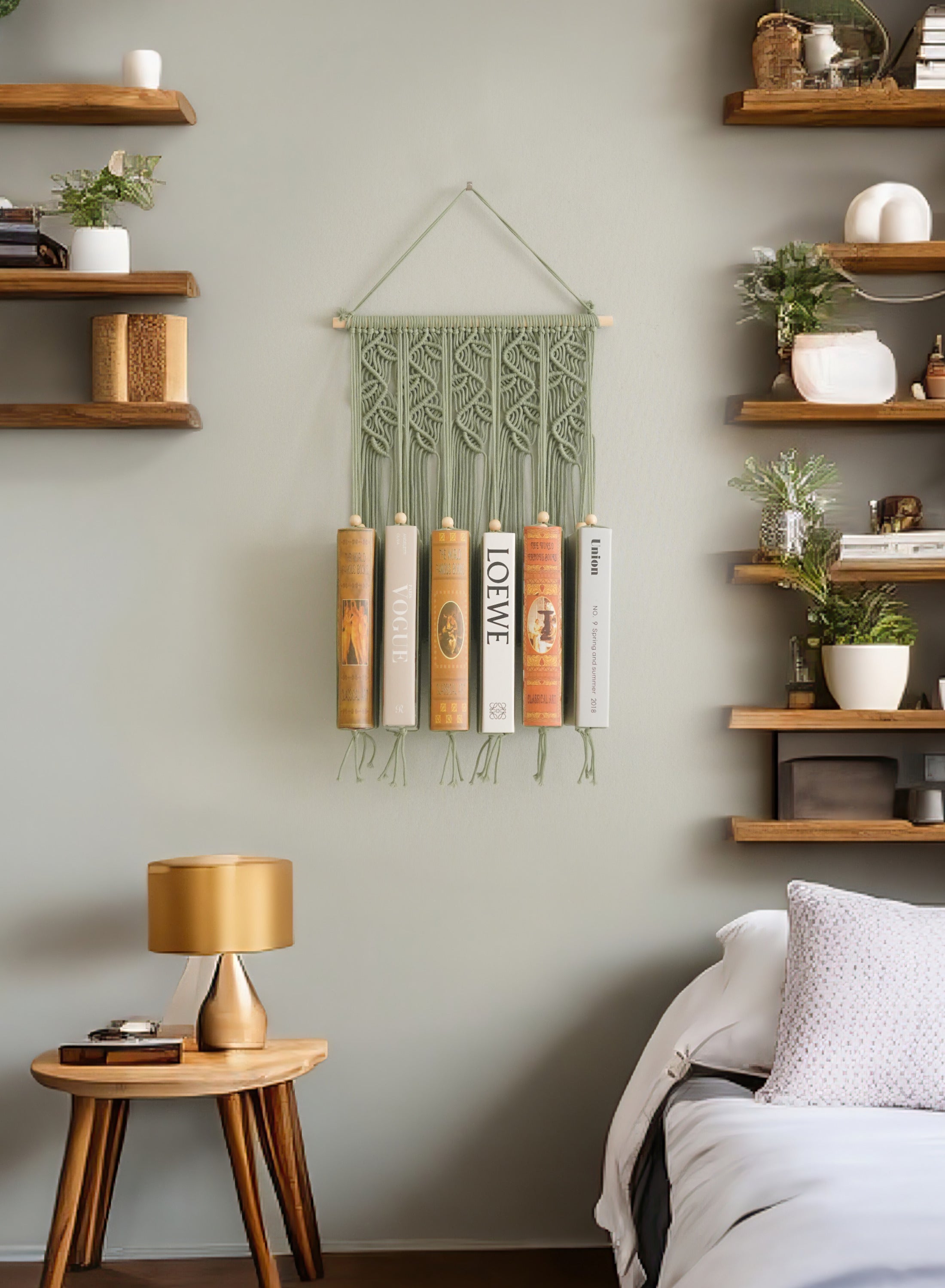 Macrame Wall Hanging Bookshelf for Boho Living Room Decor