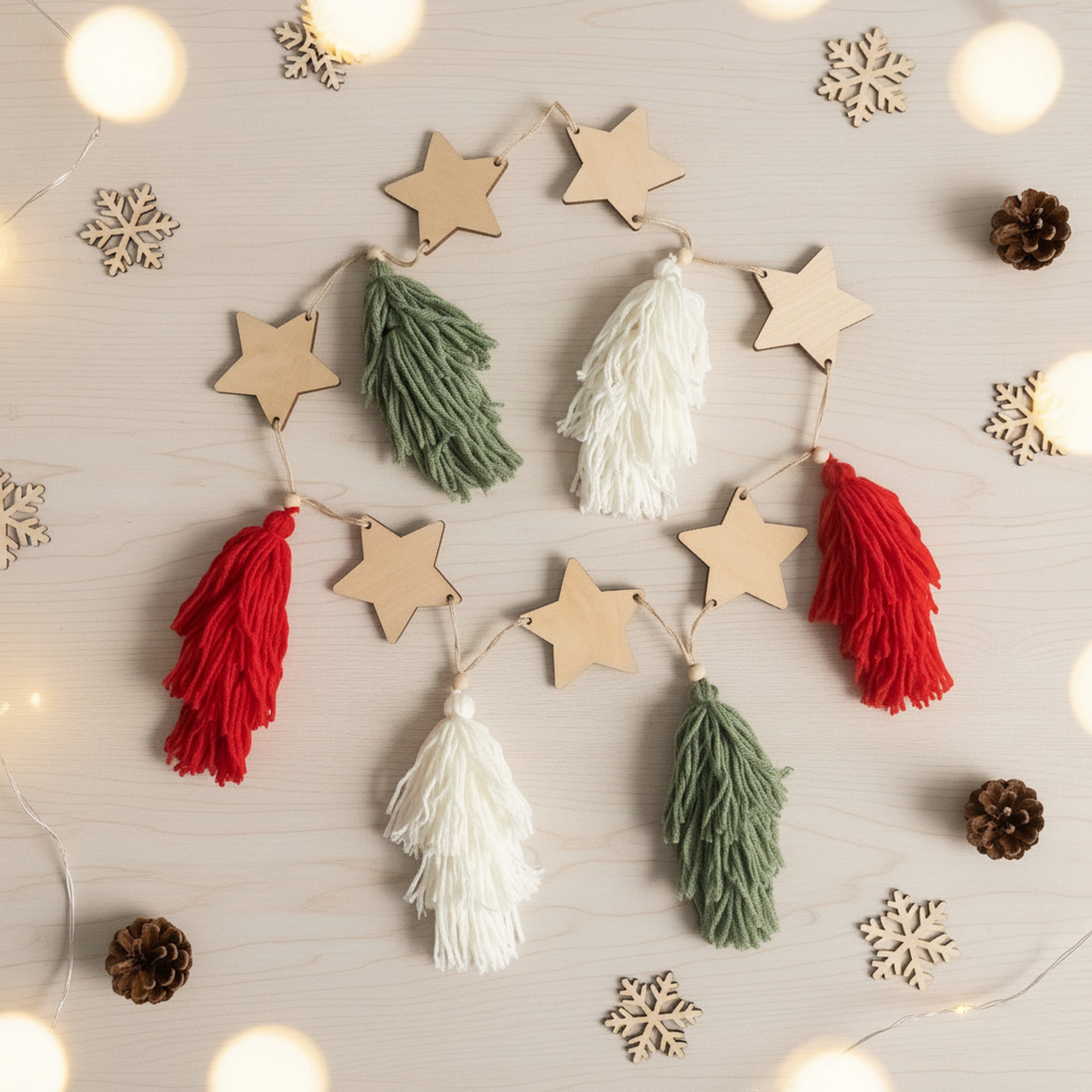 Macrame Christmas Garland with Wooden Stars for Wall Decor X68