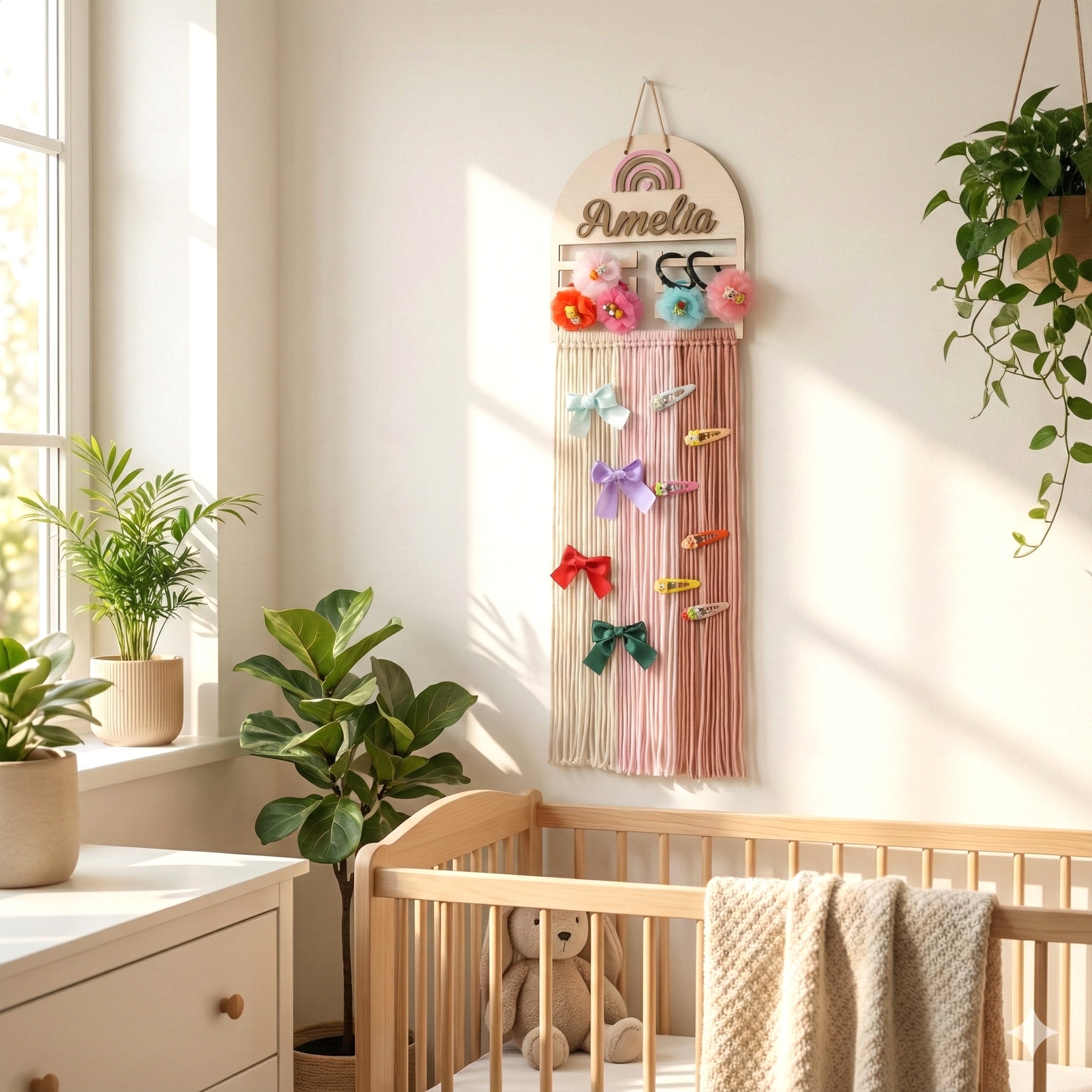 Personalized Macrame Bow Holder wood for Nursery Wall Decor H74