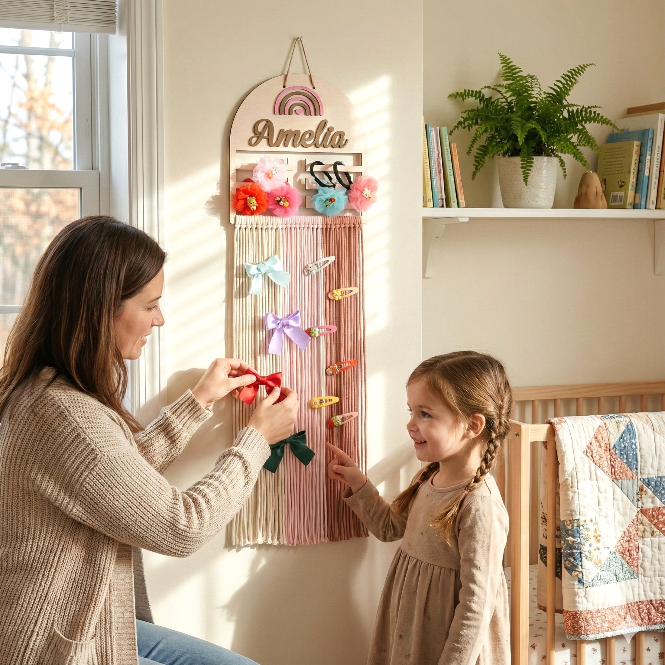 Personalized Macrame Bow Holder wood for Nursery Wall Decor H74