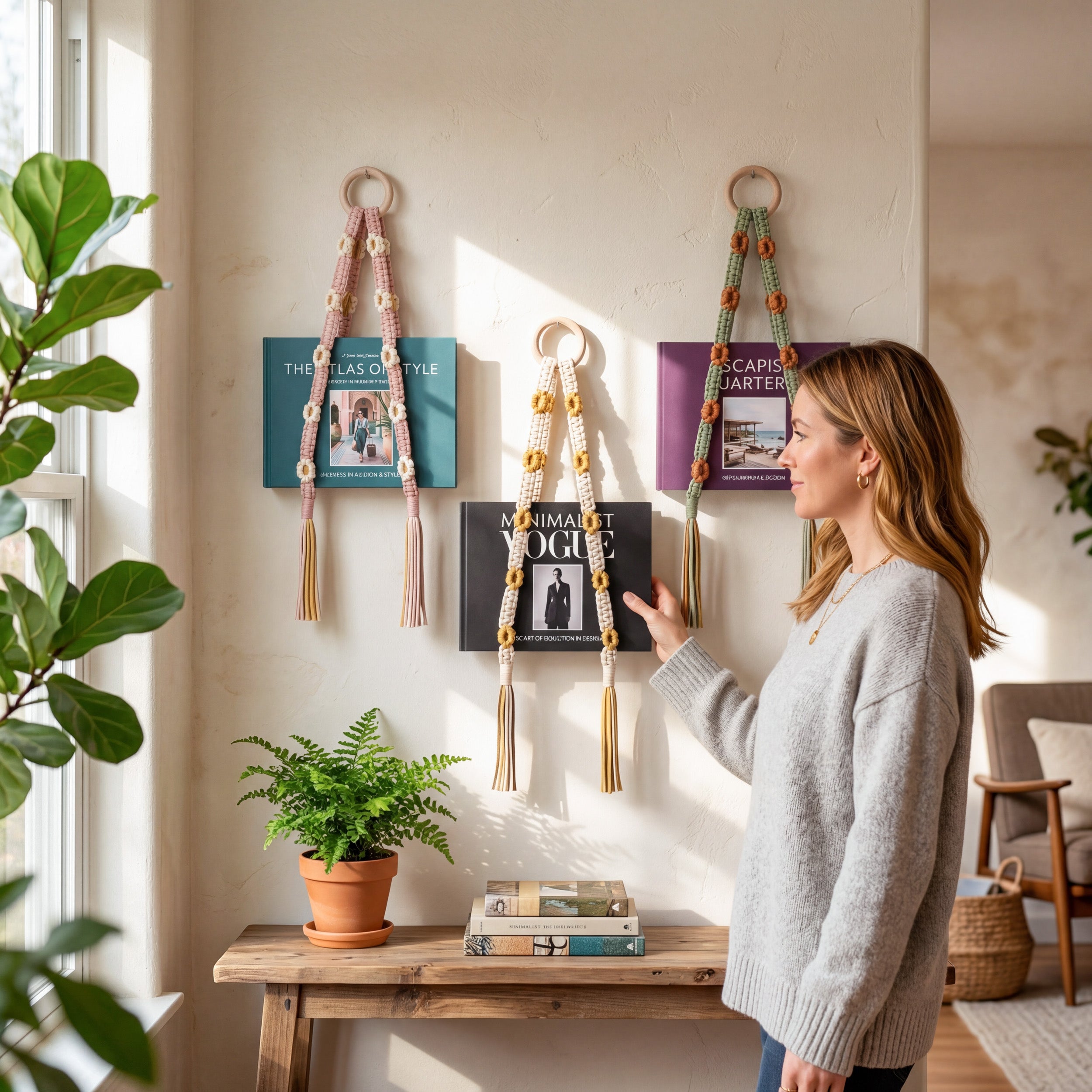 Macrame Book Holder Wall Hanger for Wall Hanging Decor Boho T15