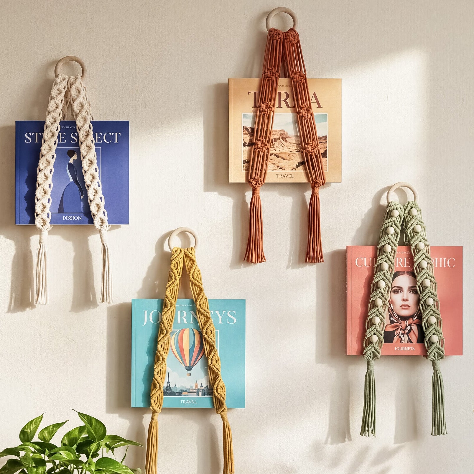 Macrame Wall Book Holder Wood for Living Room Aesthetic Decor T16