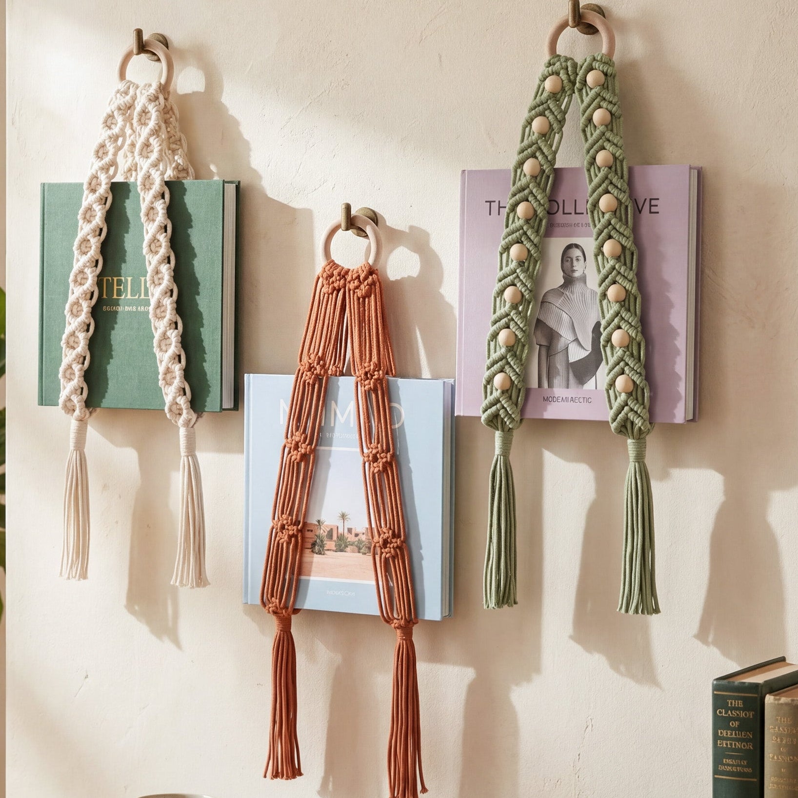 Macrame Wall Book Holder Wood for Living Room Aesthetic Decor T16