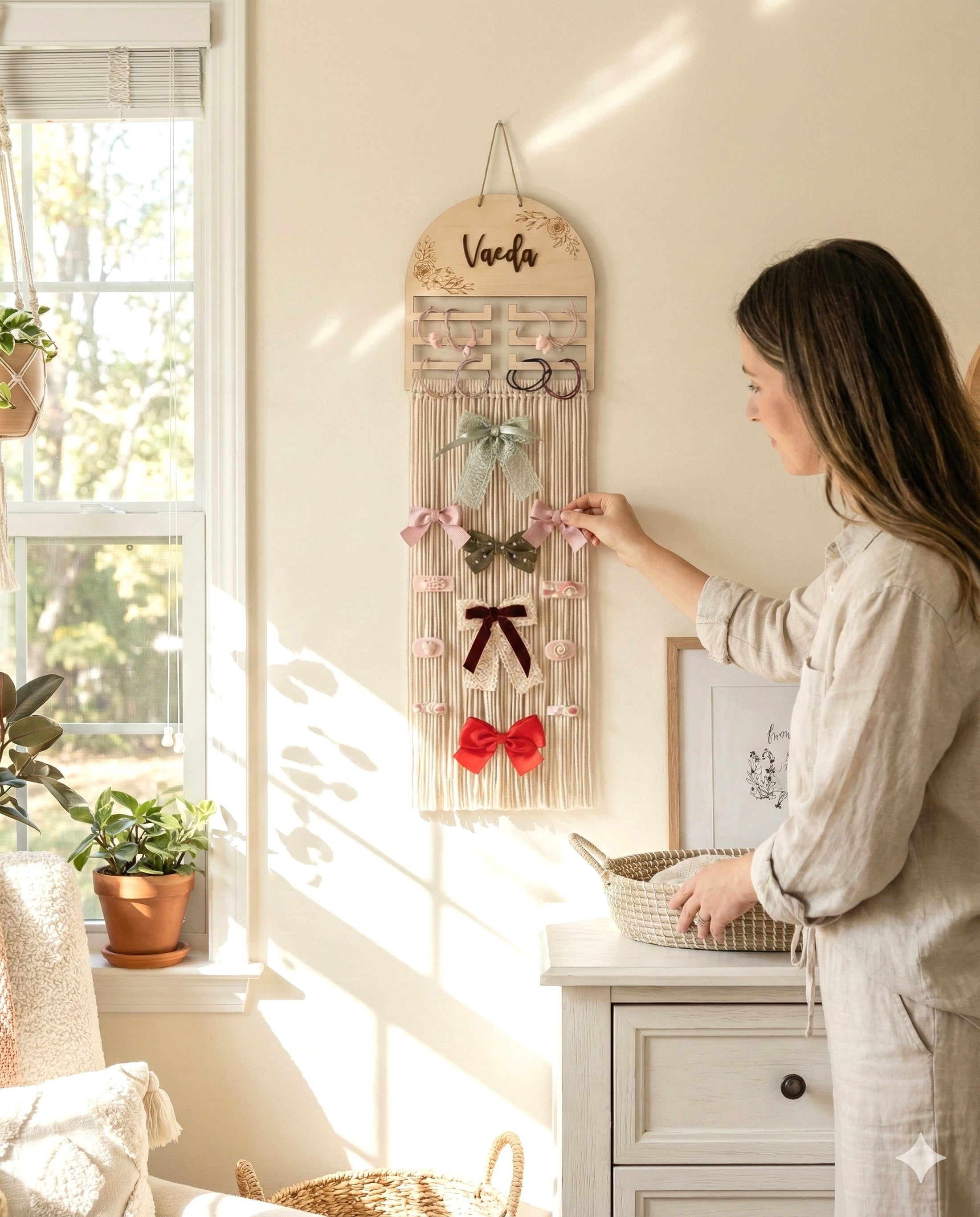 Personalized Macrame Bow Holder - Wooden Wall Organizer for Girls H97