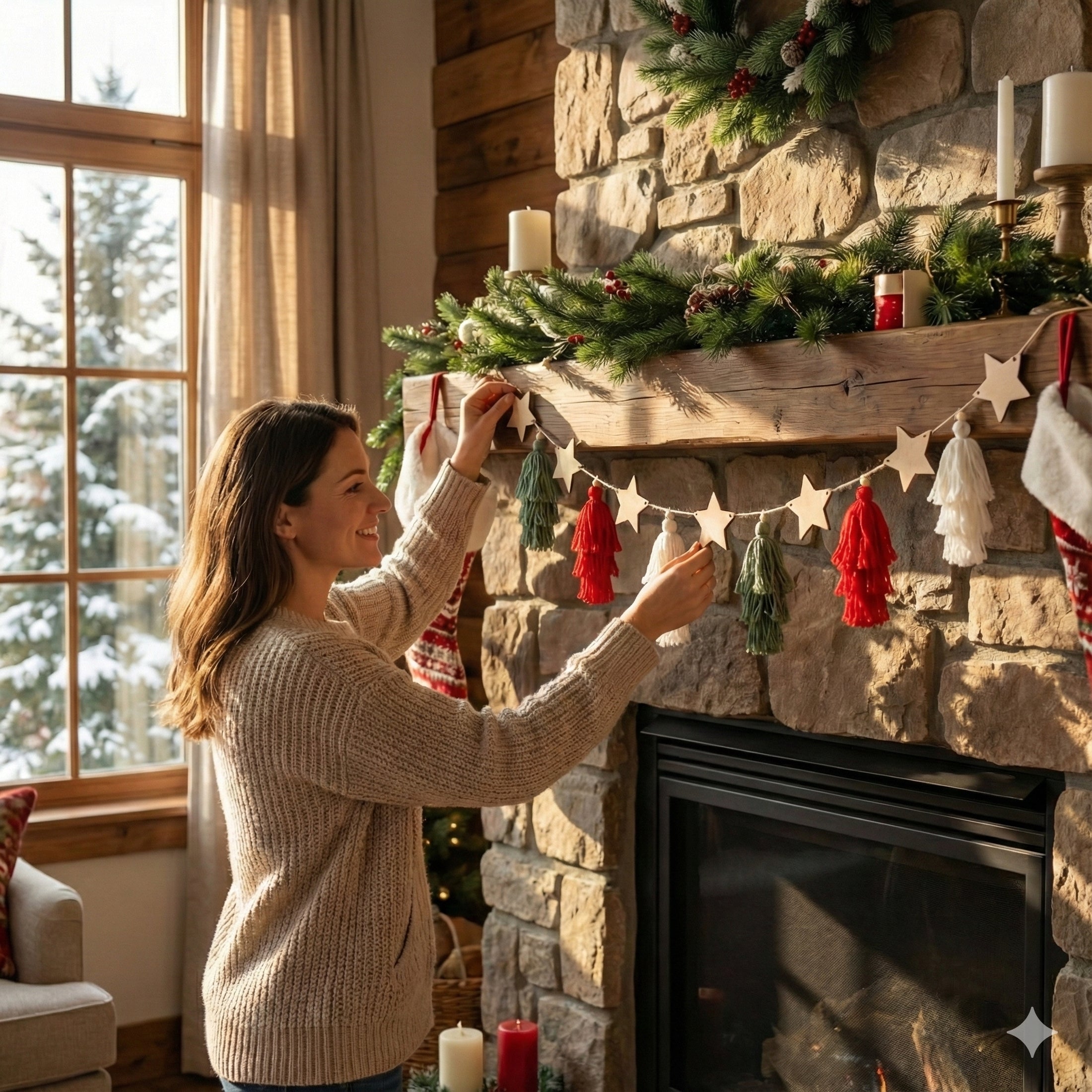 Macrame Christmas Garland with Wooden Stars for Wall Decor X68