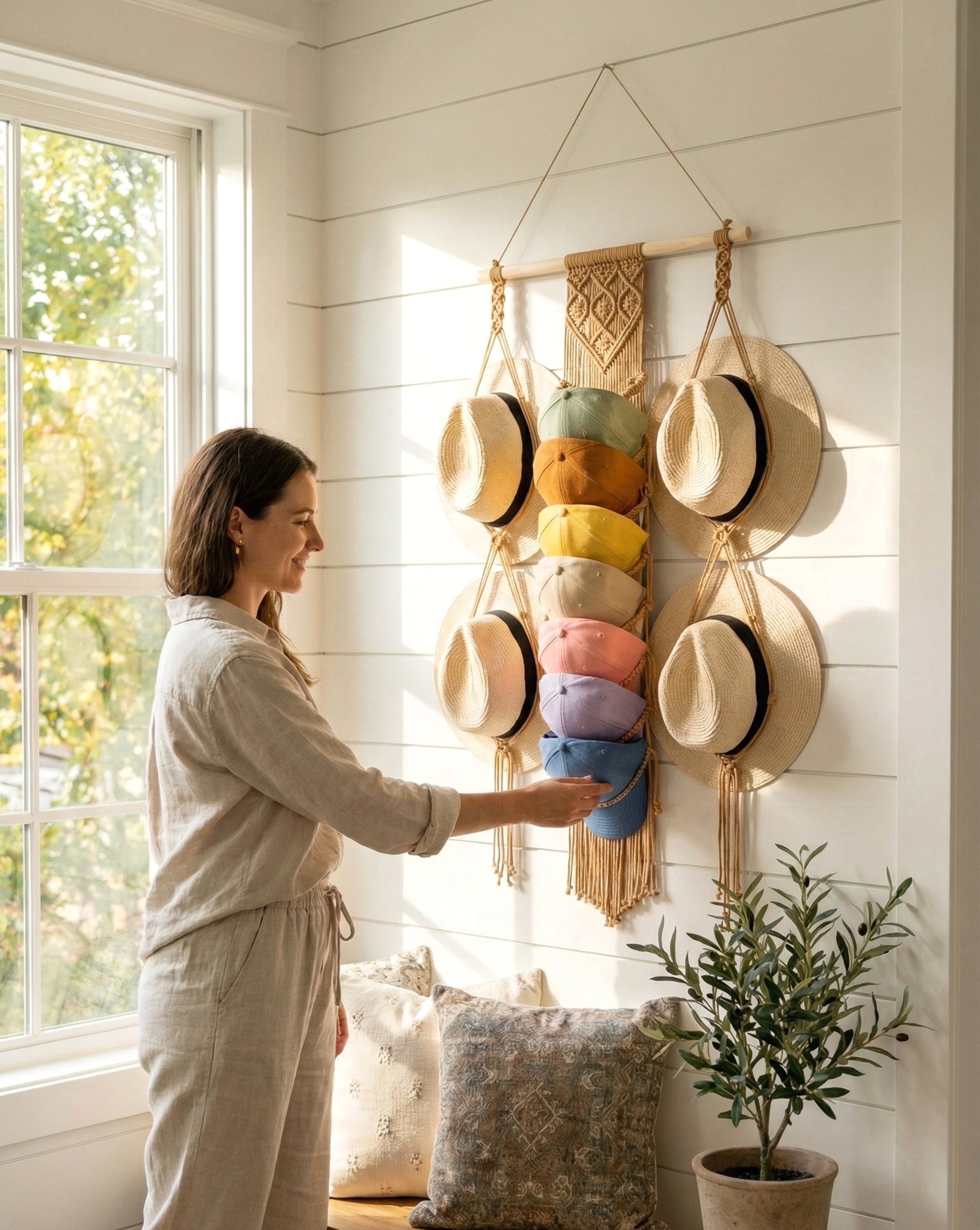Macrame Hat and Cap Holder – Boho Wall Organizer Display I53