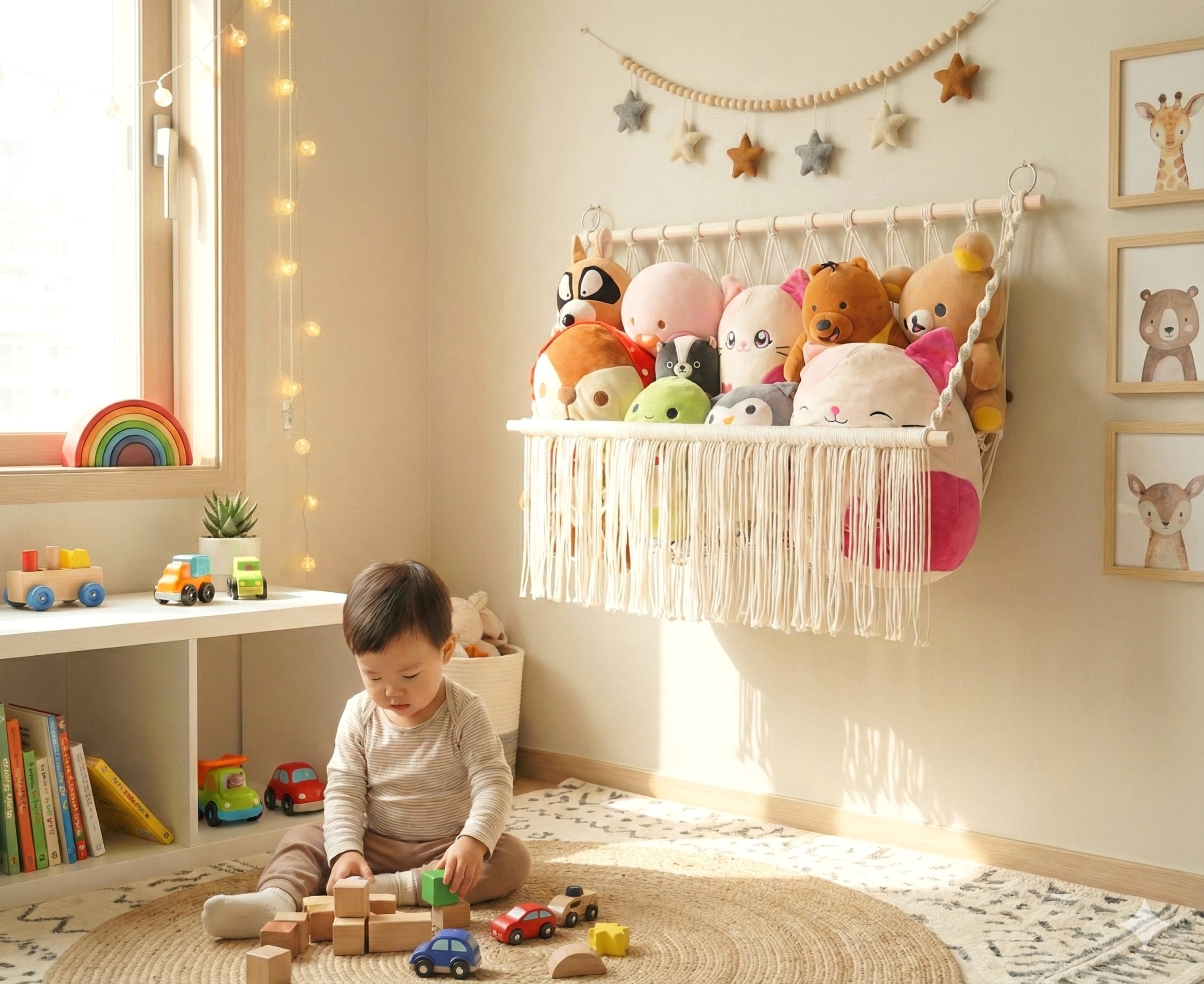 Macrame Toy Storage Hammock for Stuffed Animal Wall Storage H24