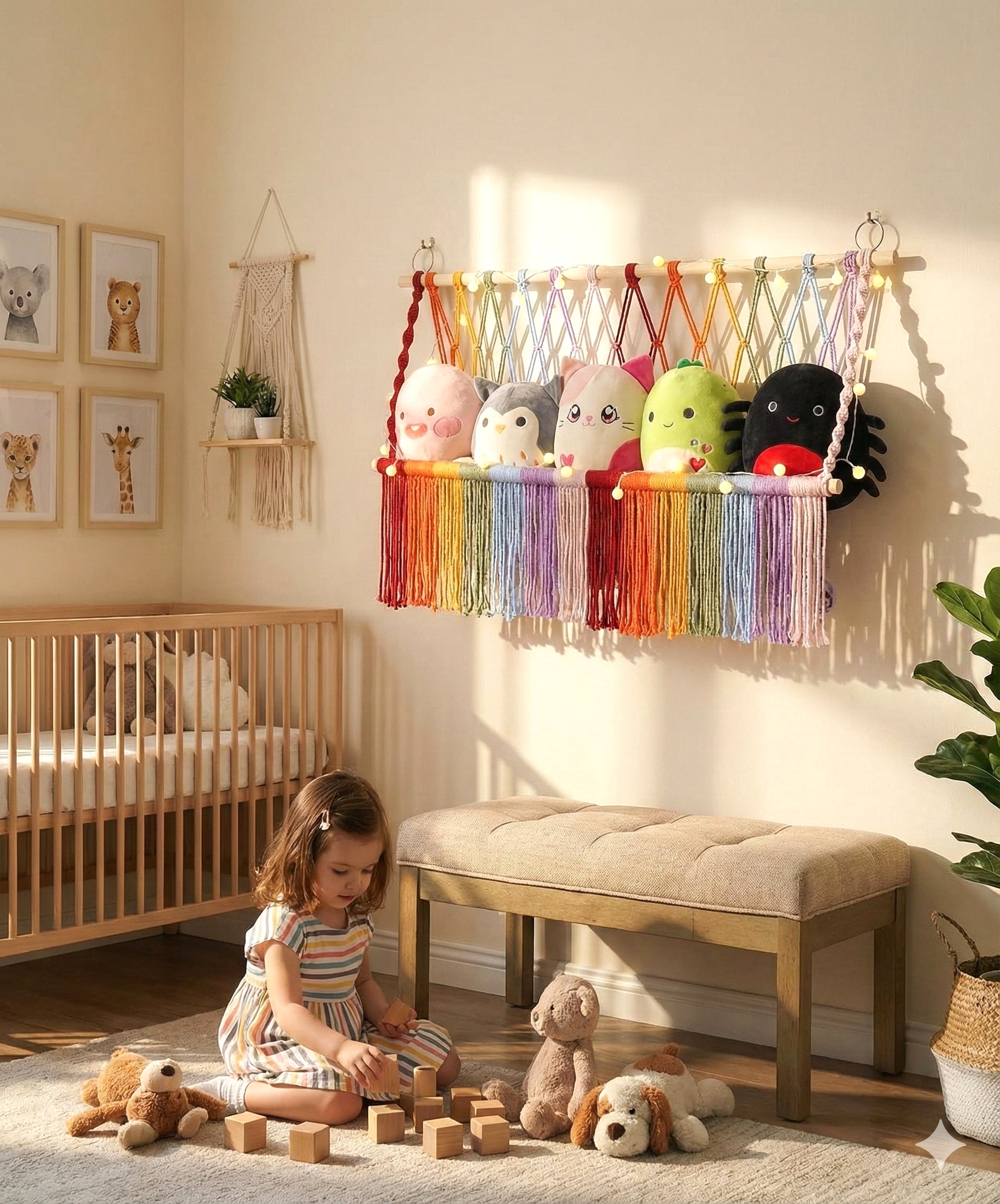 Macrame Stuffed Animal Organizer for Kids Wall Storage H24