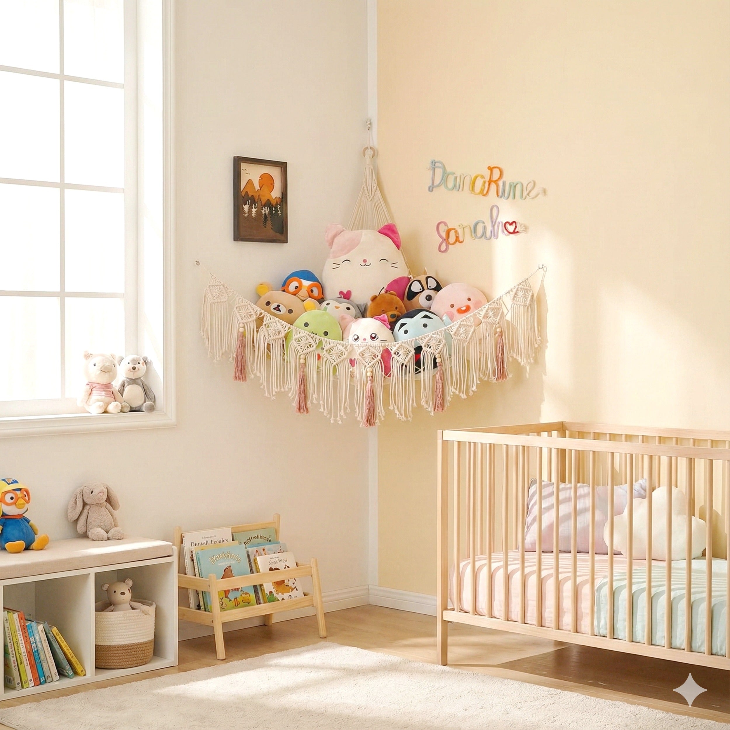 Macrame Toy Storage Hammock Cord for Stuffed Animal Storage and Boho Toy Organizer I20