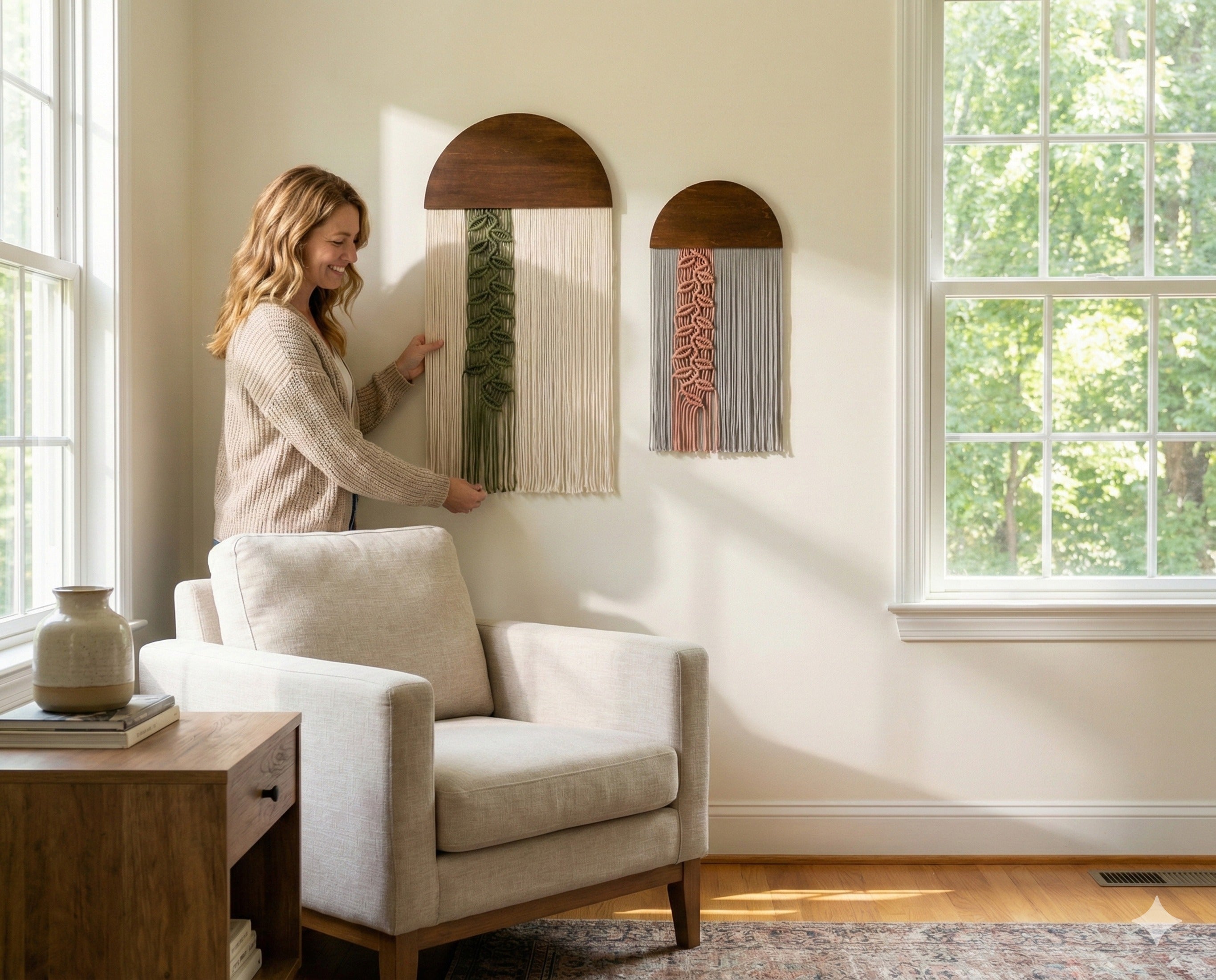 Botanical Macrame Wall Hanging - Round Wall Art with Leaf Cord V48