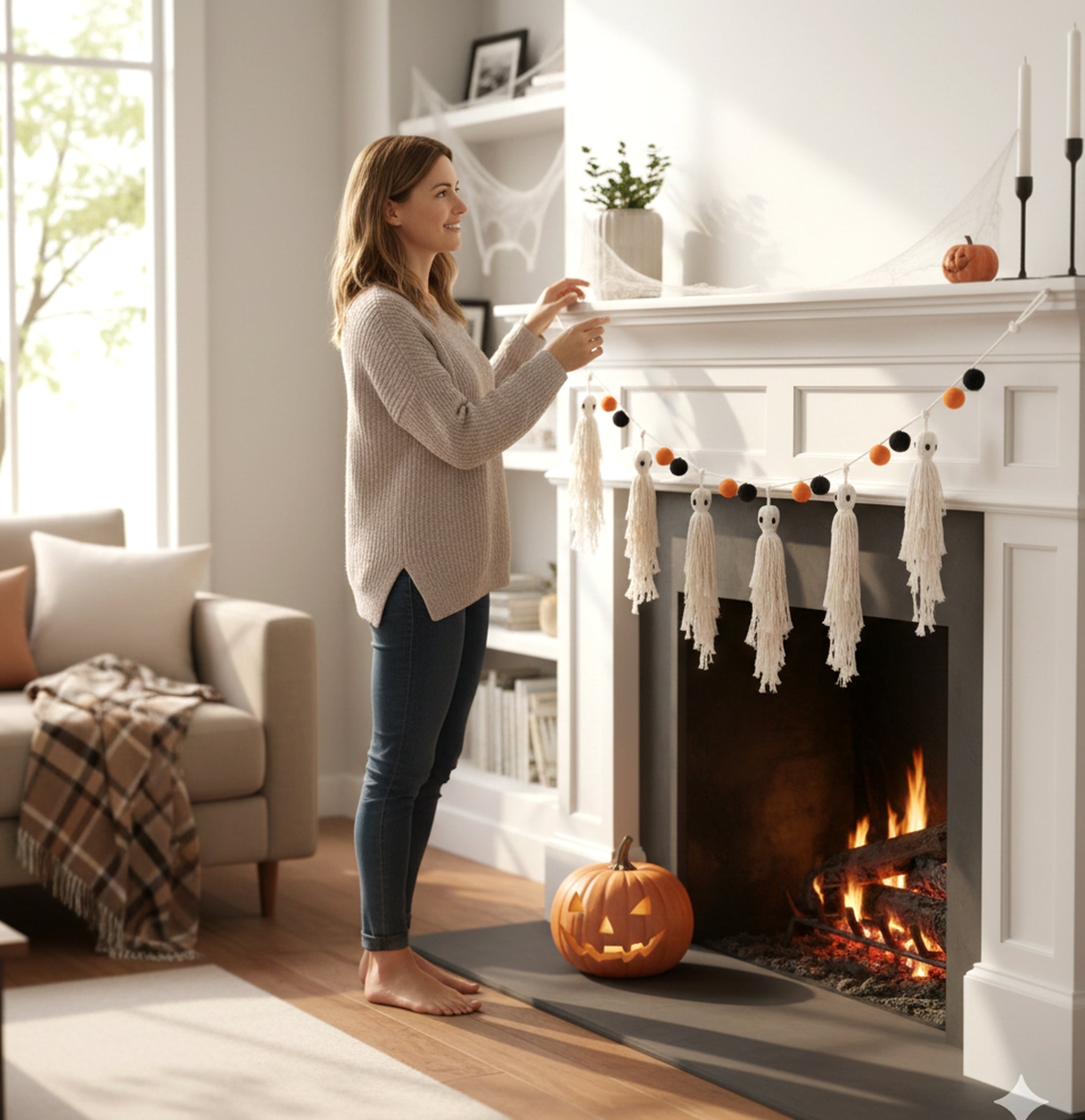 Macrame Ghost Garland – Cotton Halloween Wall Hanging Decor V76