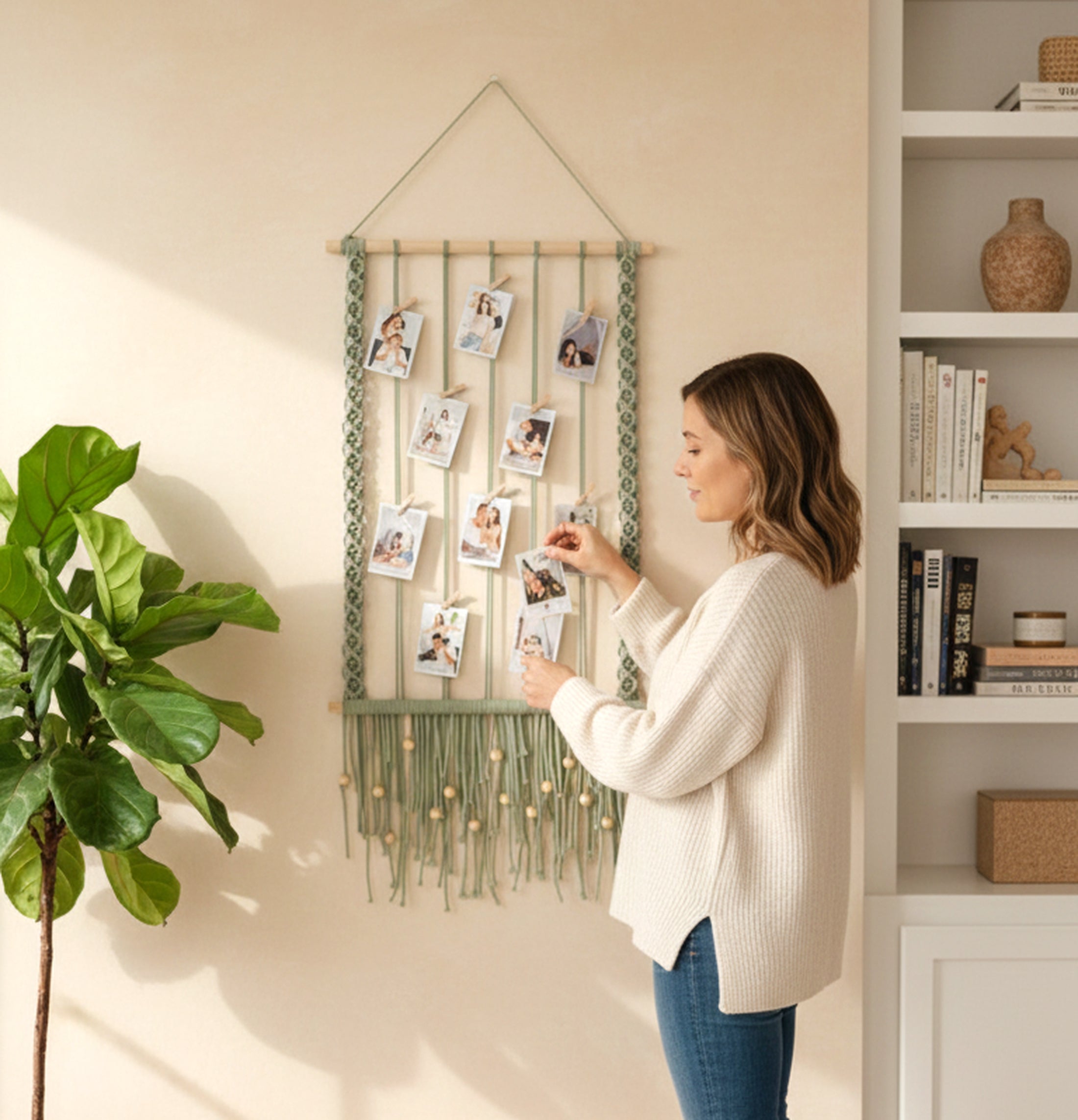 Macrame Photo Hanger macrame cord picture holder for wall photo display H89