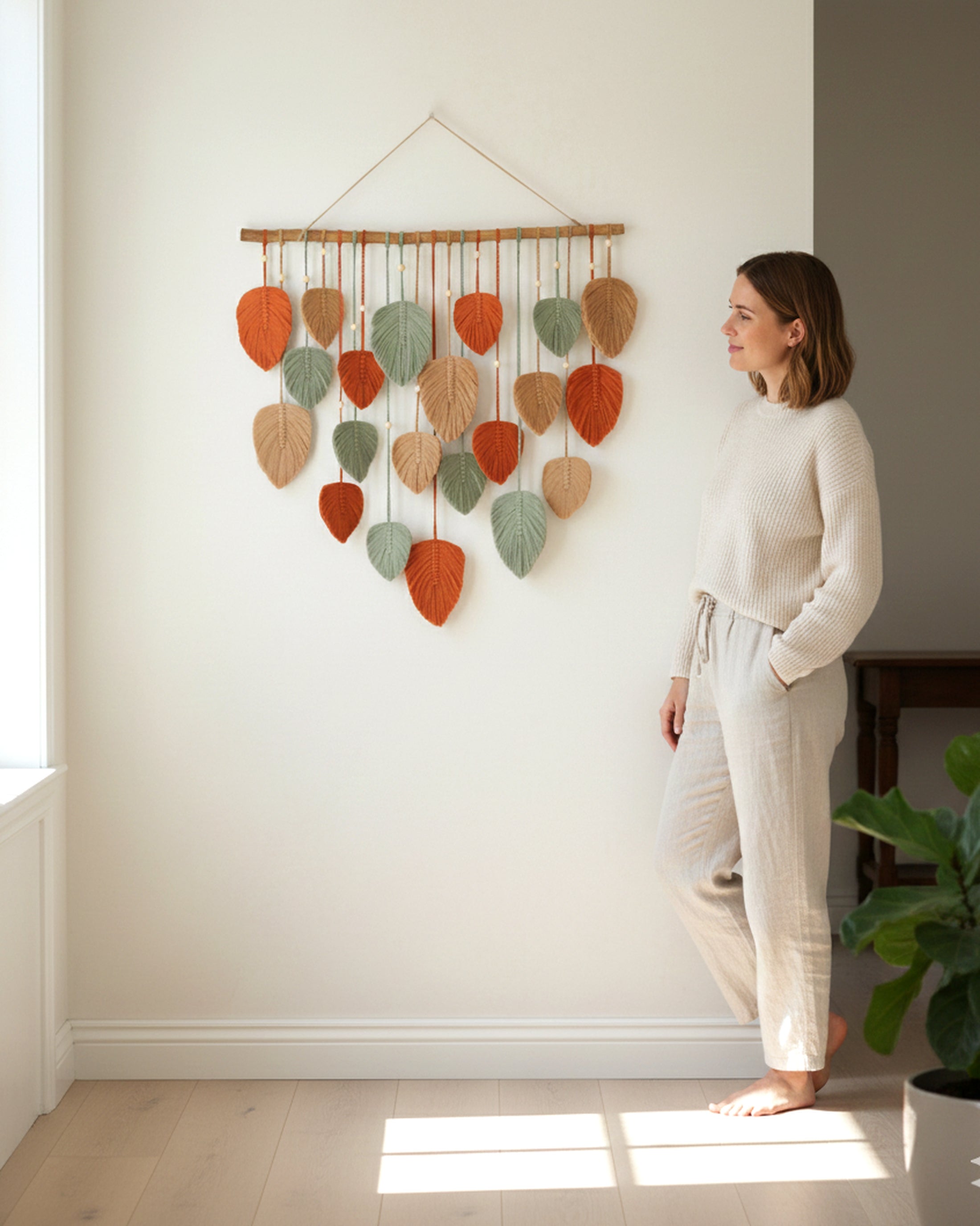 Macrame Leaf Wall Hanging with Driftwood for Boho Wall Decor L03