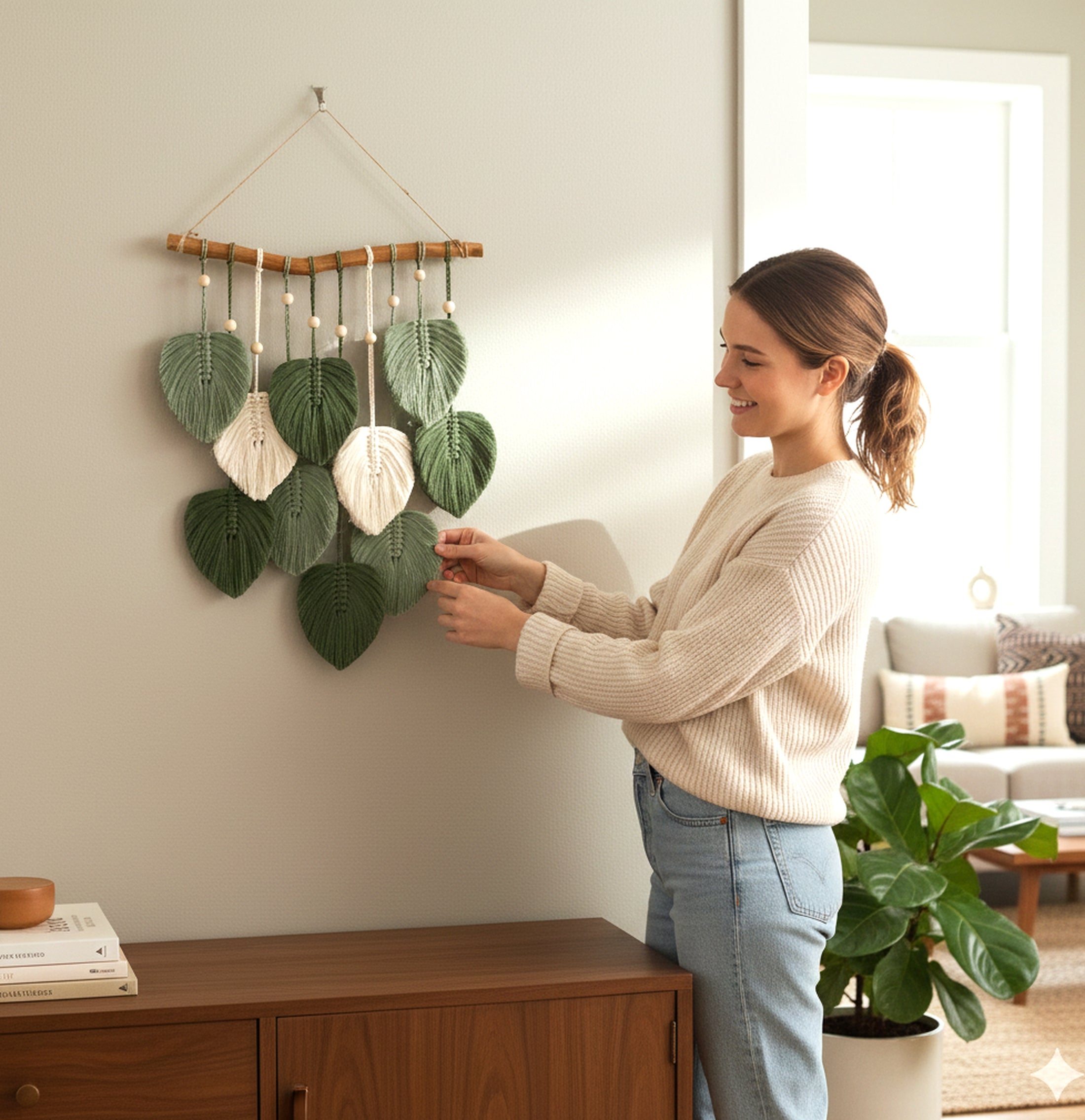 Green Leaves Macrame Wall Hanging - Boho Nursery Wall Decor L02