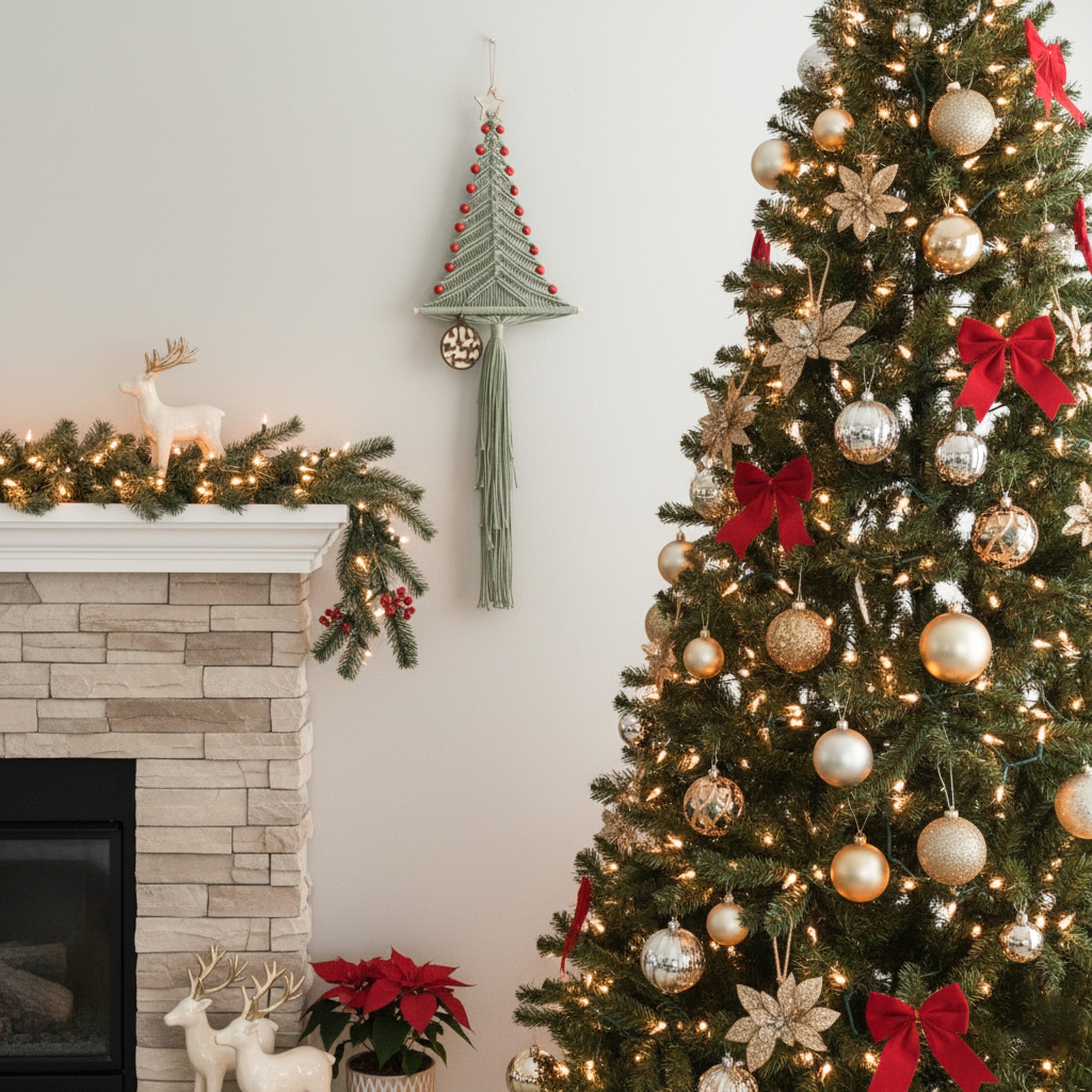 Macrame Christmas Tree with Red Beads – Boho Wall Decor Gift X62