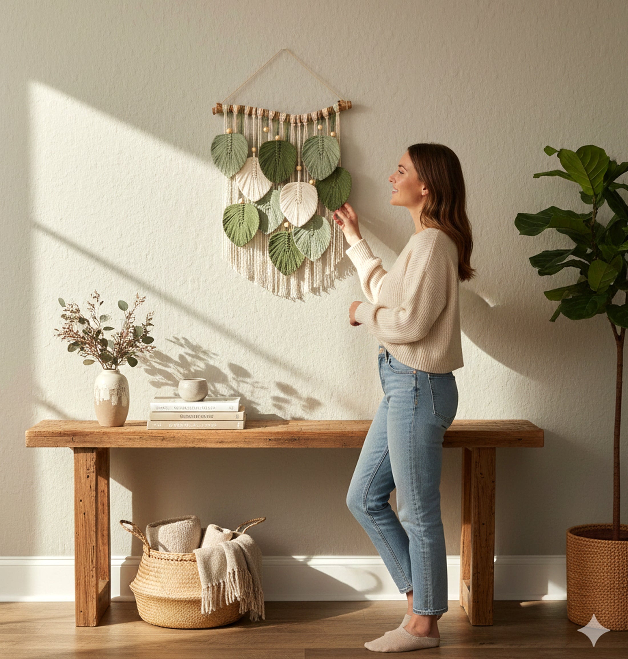 Boho Macrame Leaf Wall Hanging – Cotton Rope Rustic Wall Decor L33