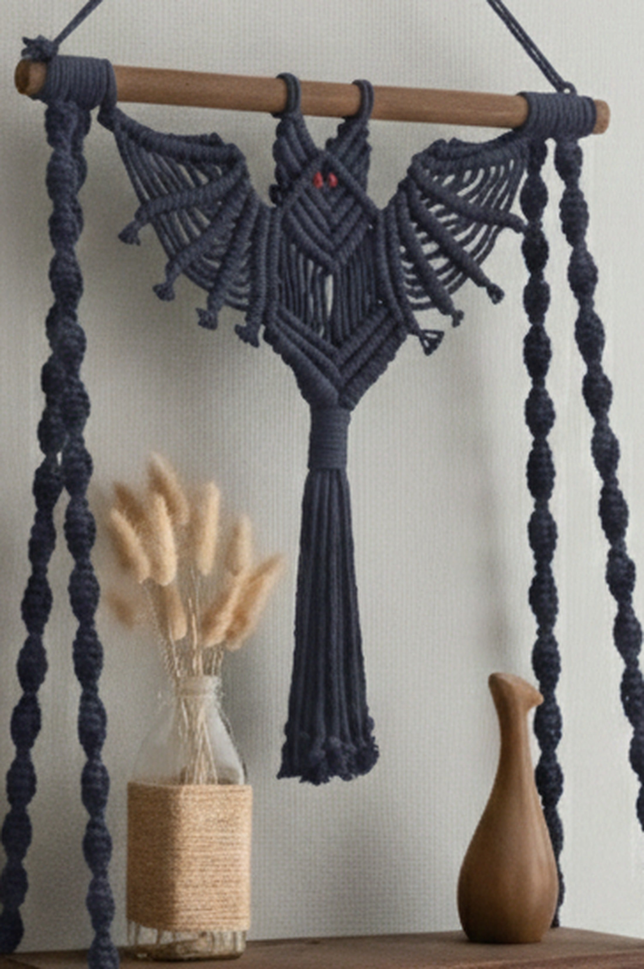 Macrame Bat Hanging Shelf with Natural Wood for Gothic Wall Decor W52