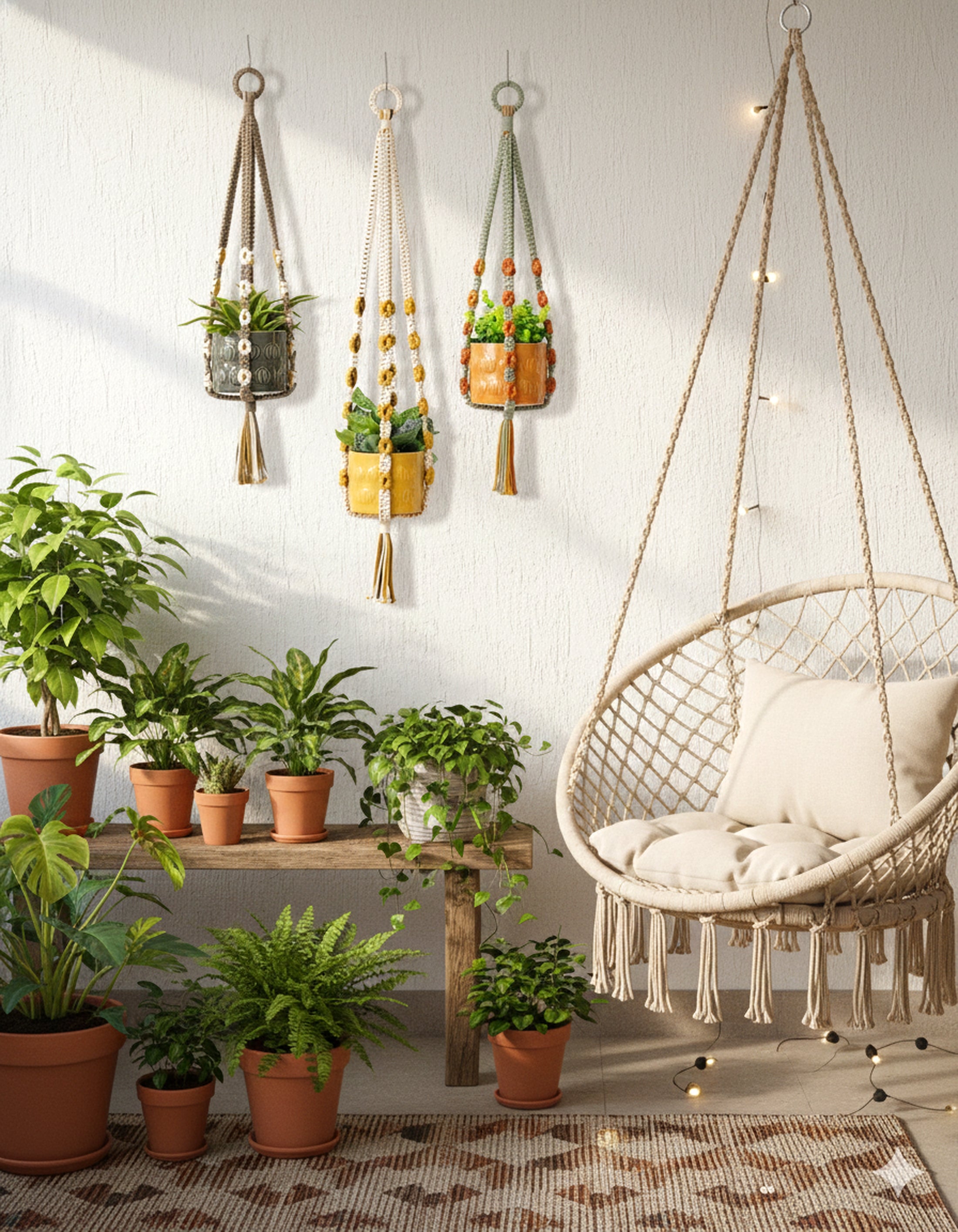 Beaded Macrame Plant Hanger with Tassel – Colorful Cotton Decor I47