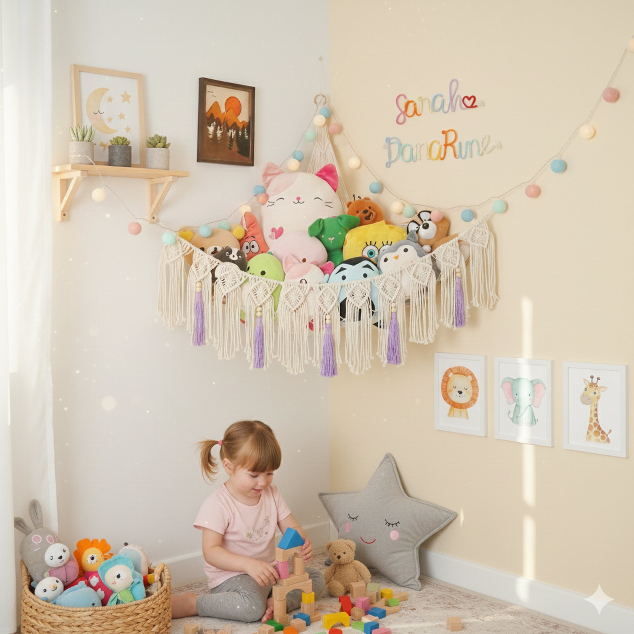 Macrame Toy Storage Hammock Cord for Stuffed Animal Storage and Boho Toy Organizer I20