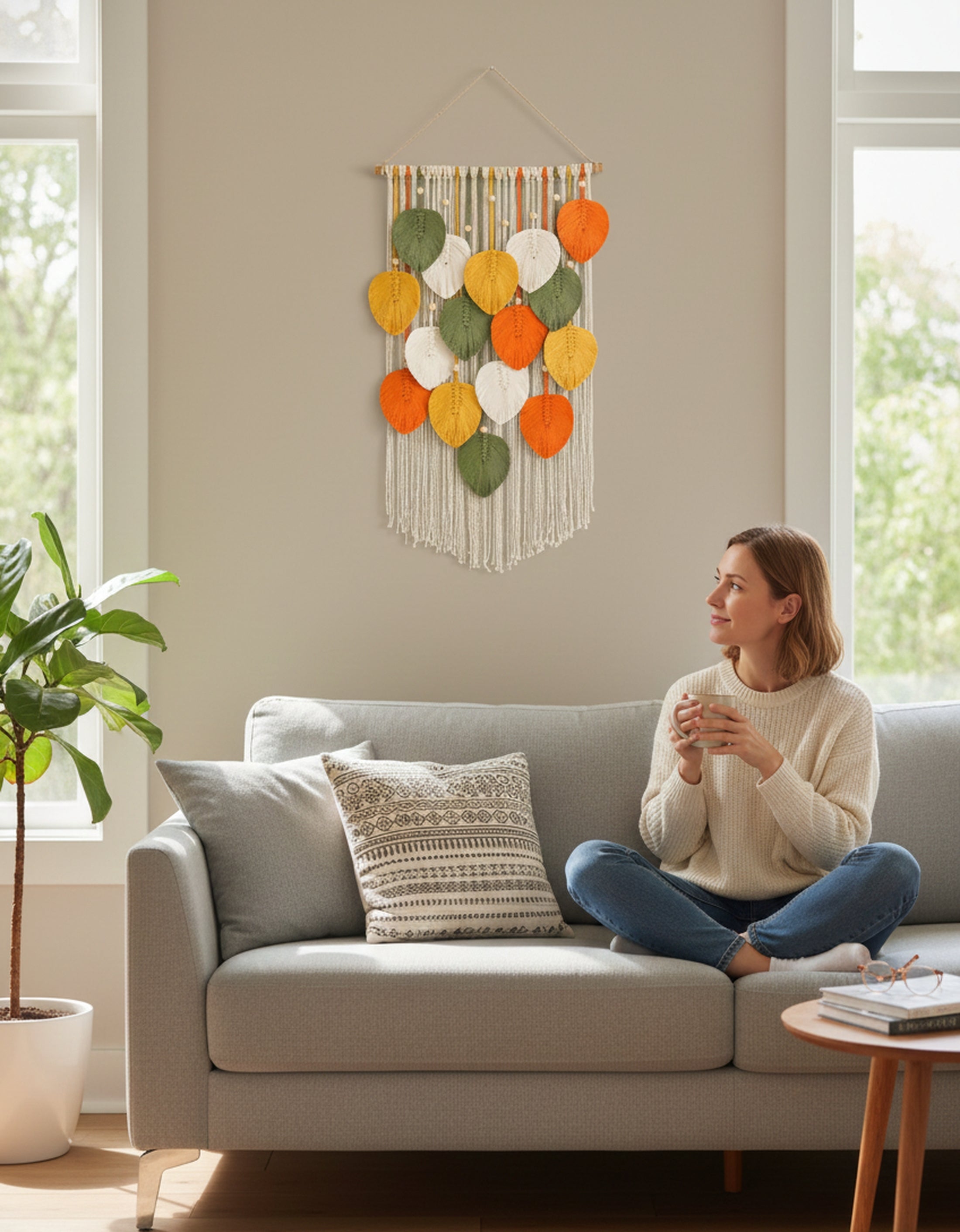 Boho Macrame Leaf Wall Hanging – Cotton Rope Rustic Wall Decor L33