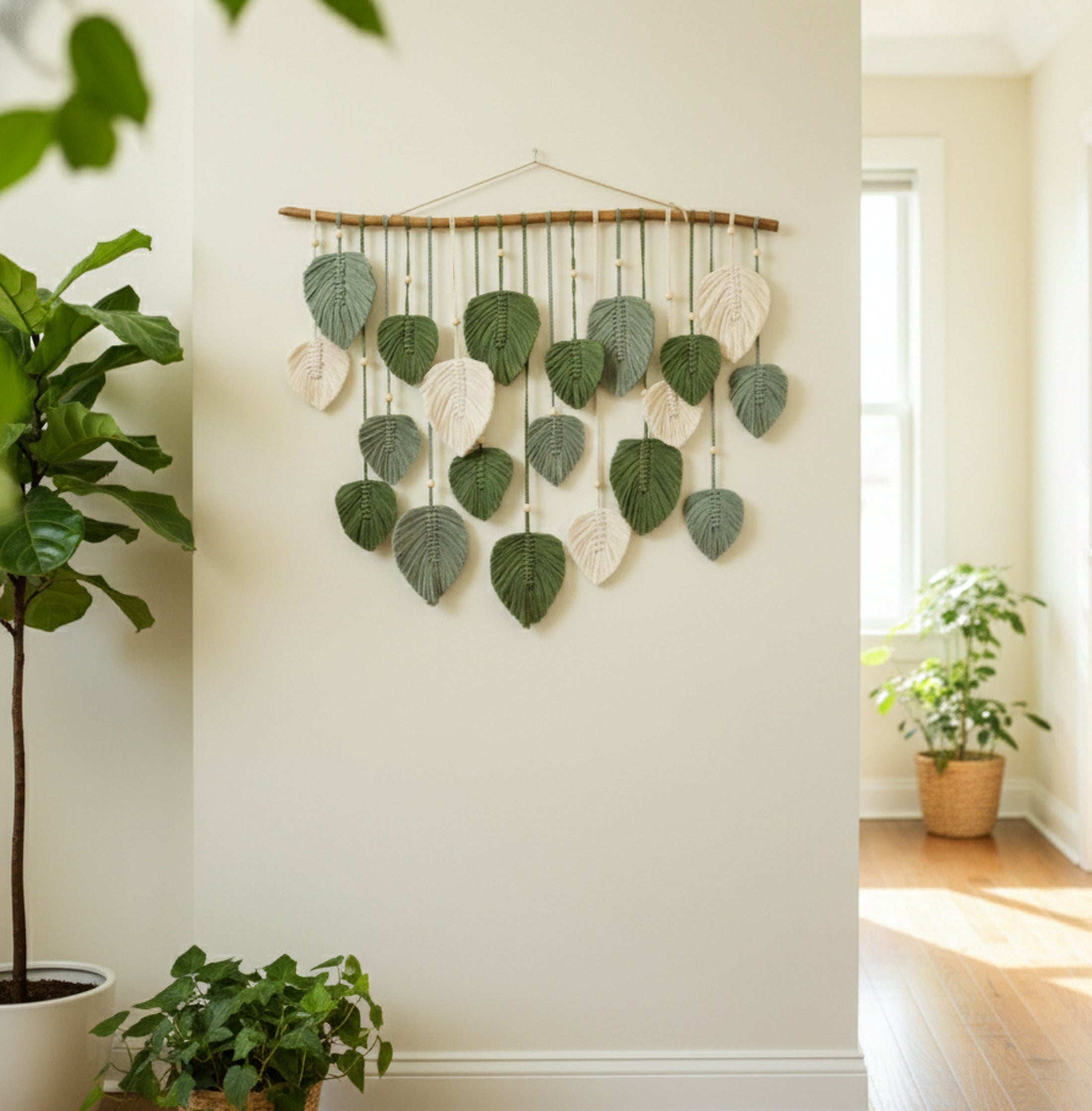 Macrame Leaf Wall Hanging with Driftwood for Boho Wall Decor L03