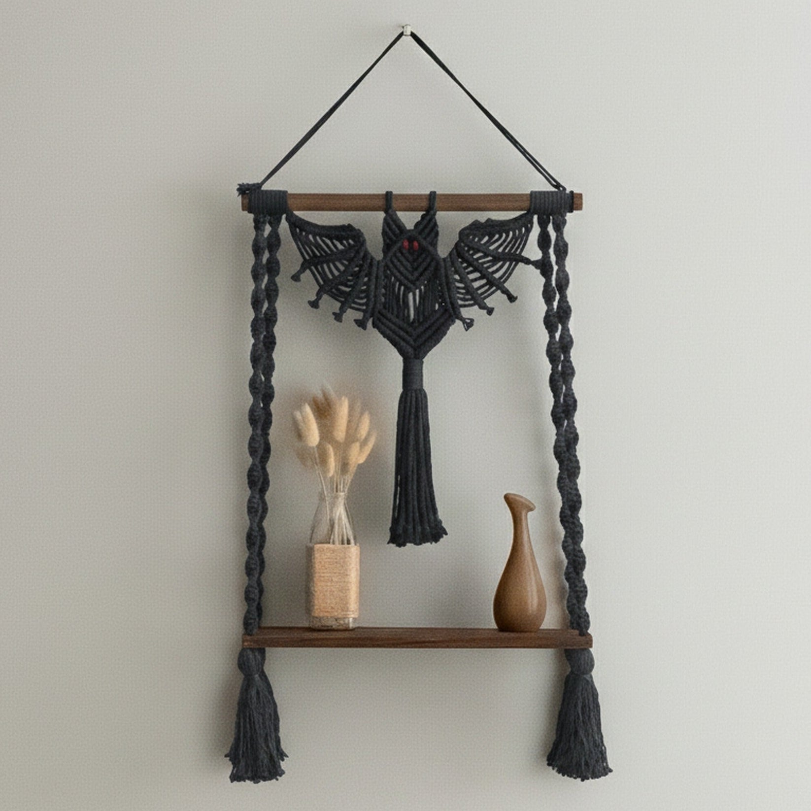 Macrame Bat Hanging Shelf with Natural Wood for Gothic Wall Decor W52