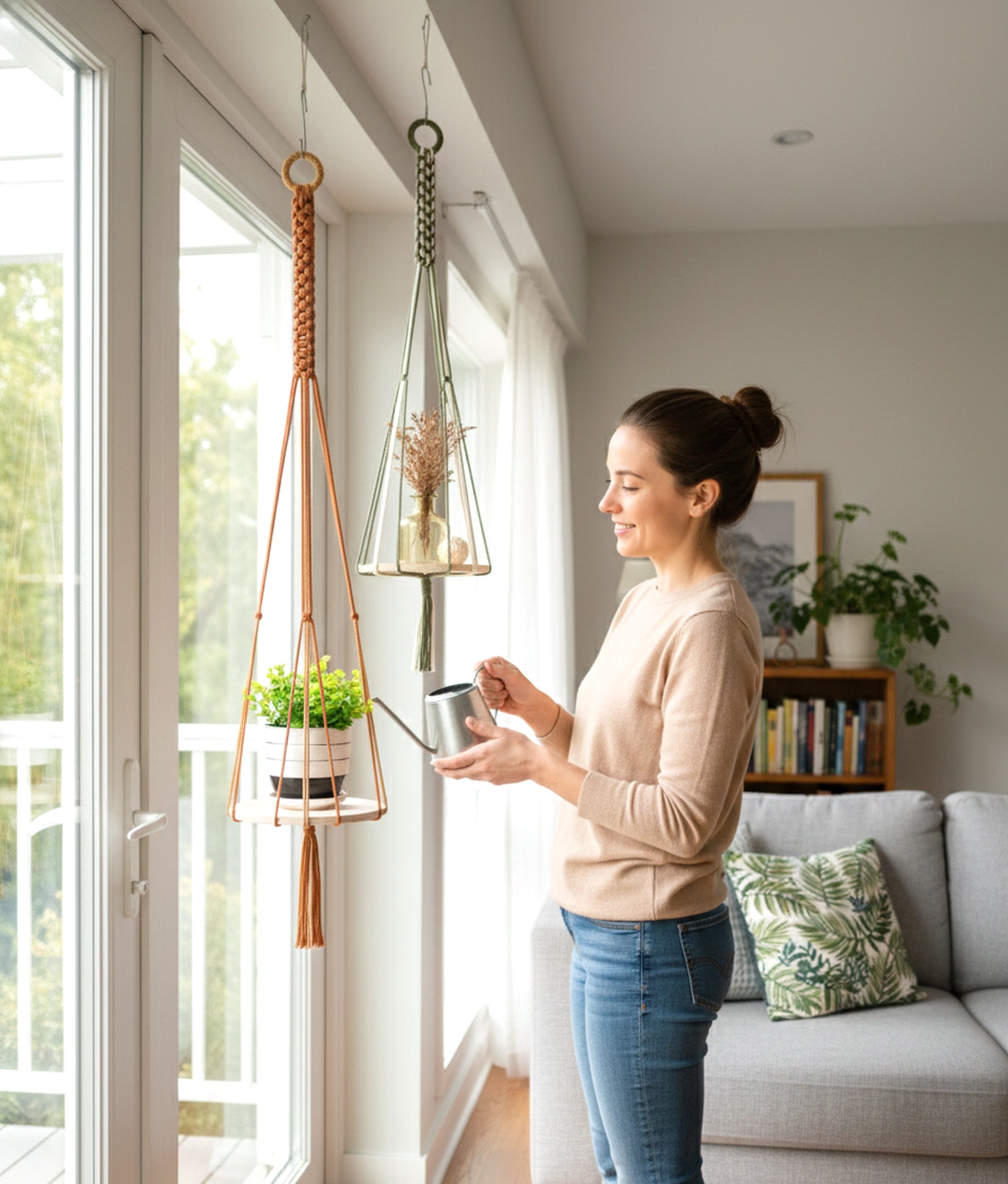 Boho Macrame Wood Tray Plant Hanger with Tail – Indoor Decor Basket S22