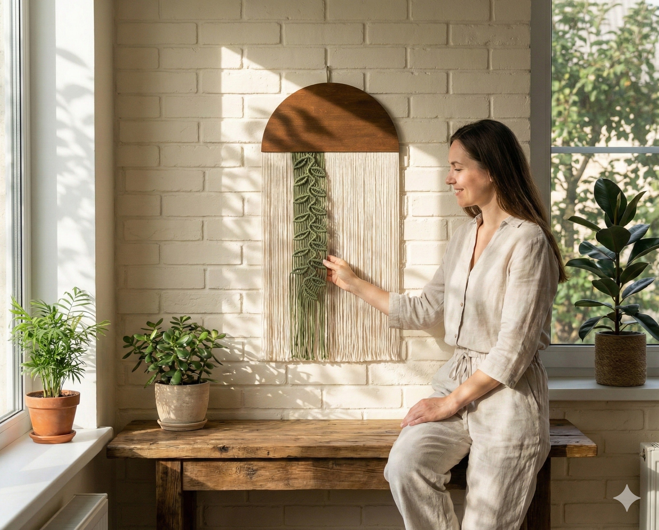 Botanical Macrame Wall Hanging - Round Wall Art with Leaf Cord V48