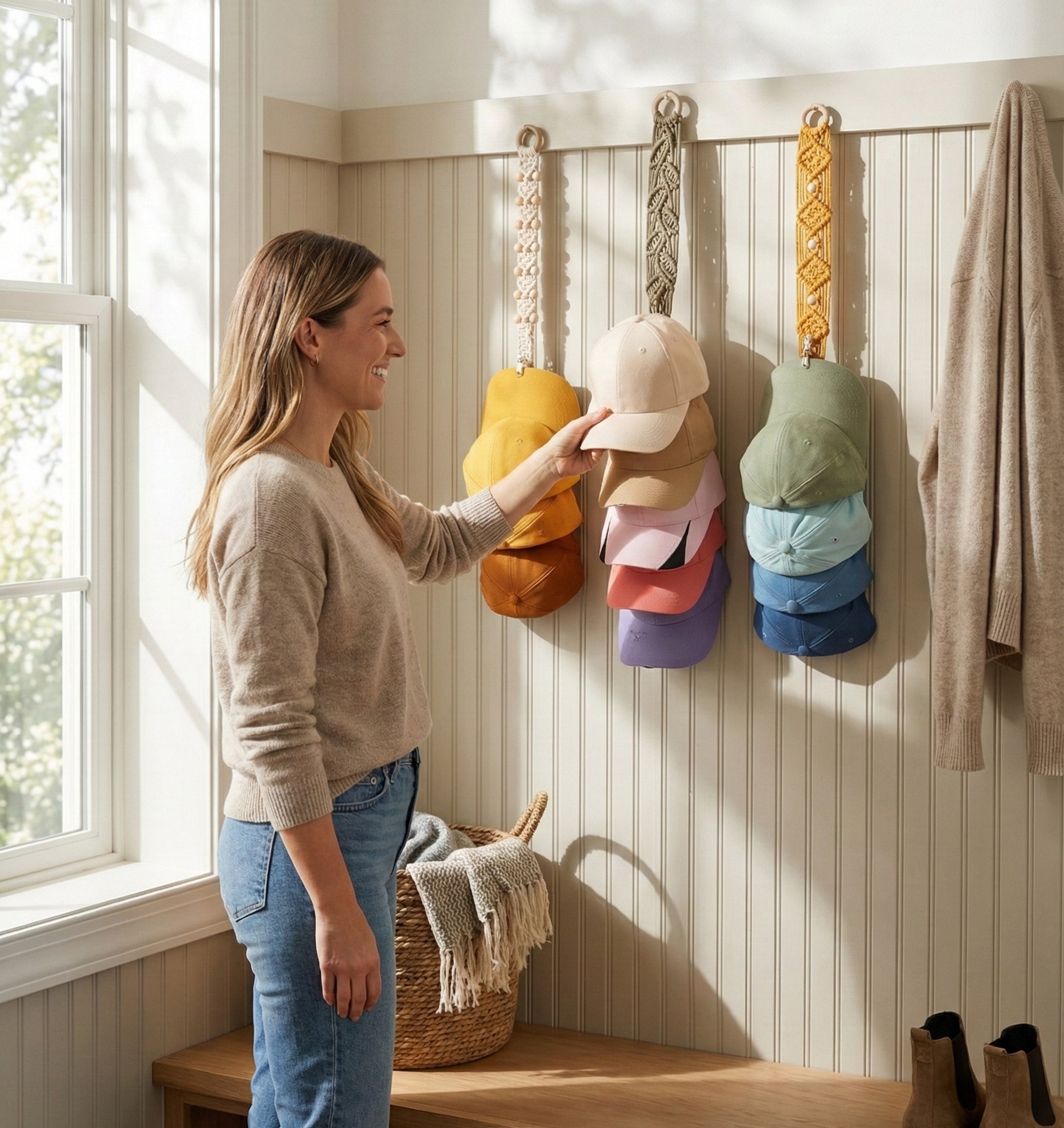 Macrame Baseball Cap Hanger – Wall Mounted Hat Organizer I11