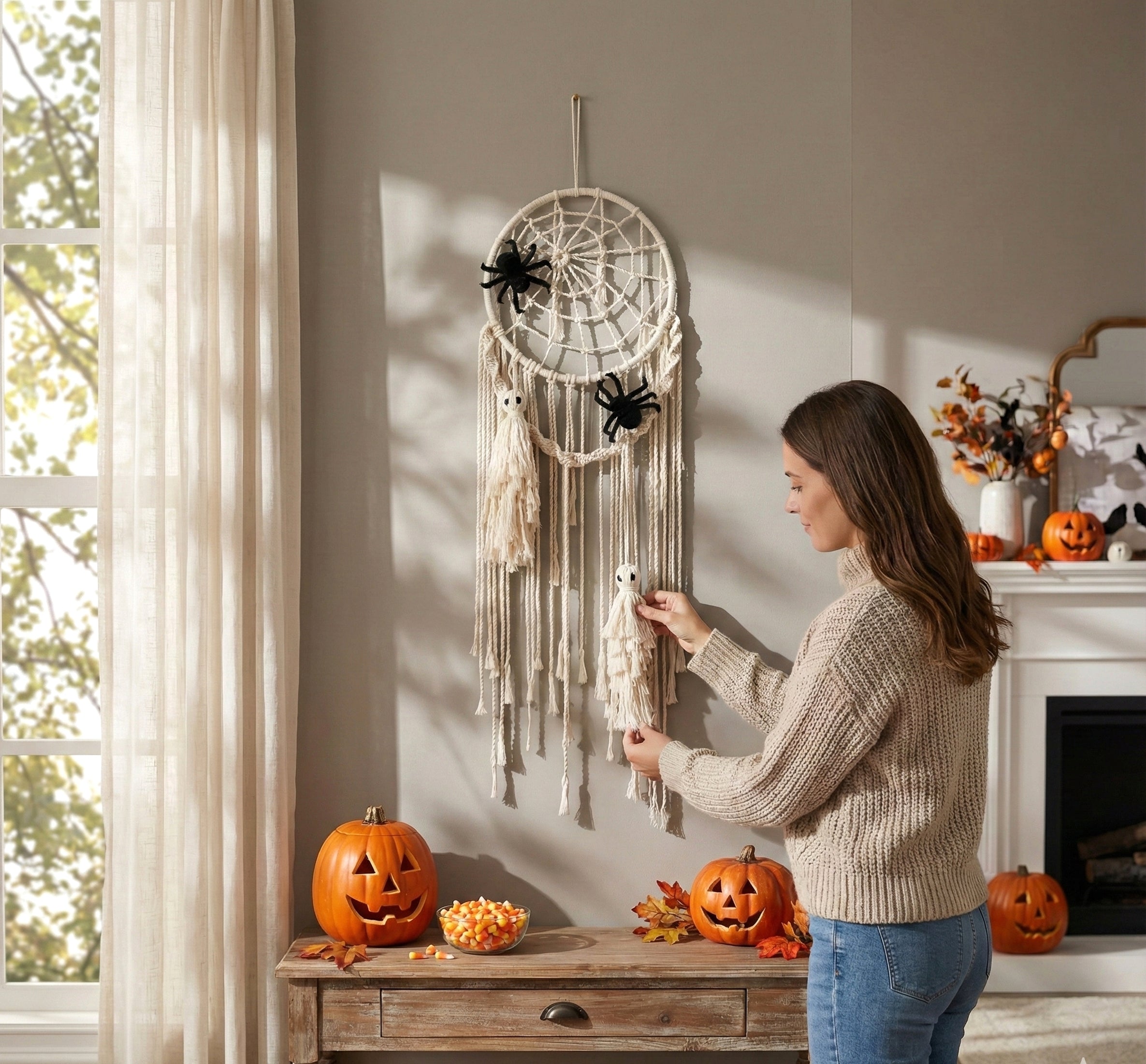 Ghost Spider Macrame Wall Hanging Halloween Wall Decor and Handmade Macrame Art U12