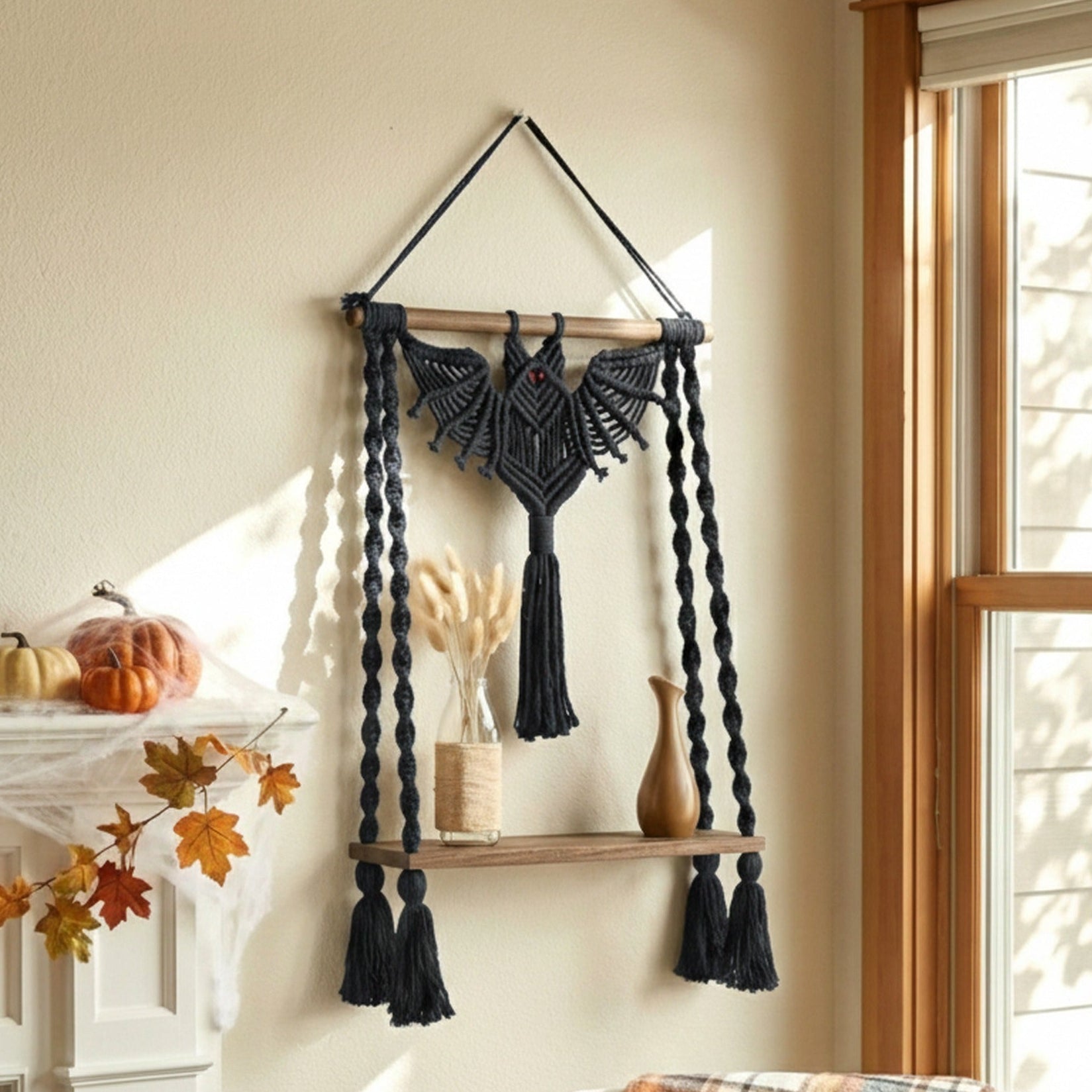 Macrame Bat Hanging Shelf with Natural Wood for Gothic Wall Decor W52