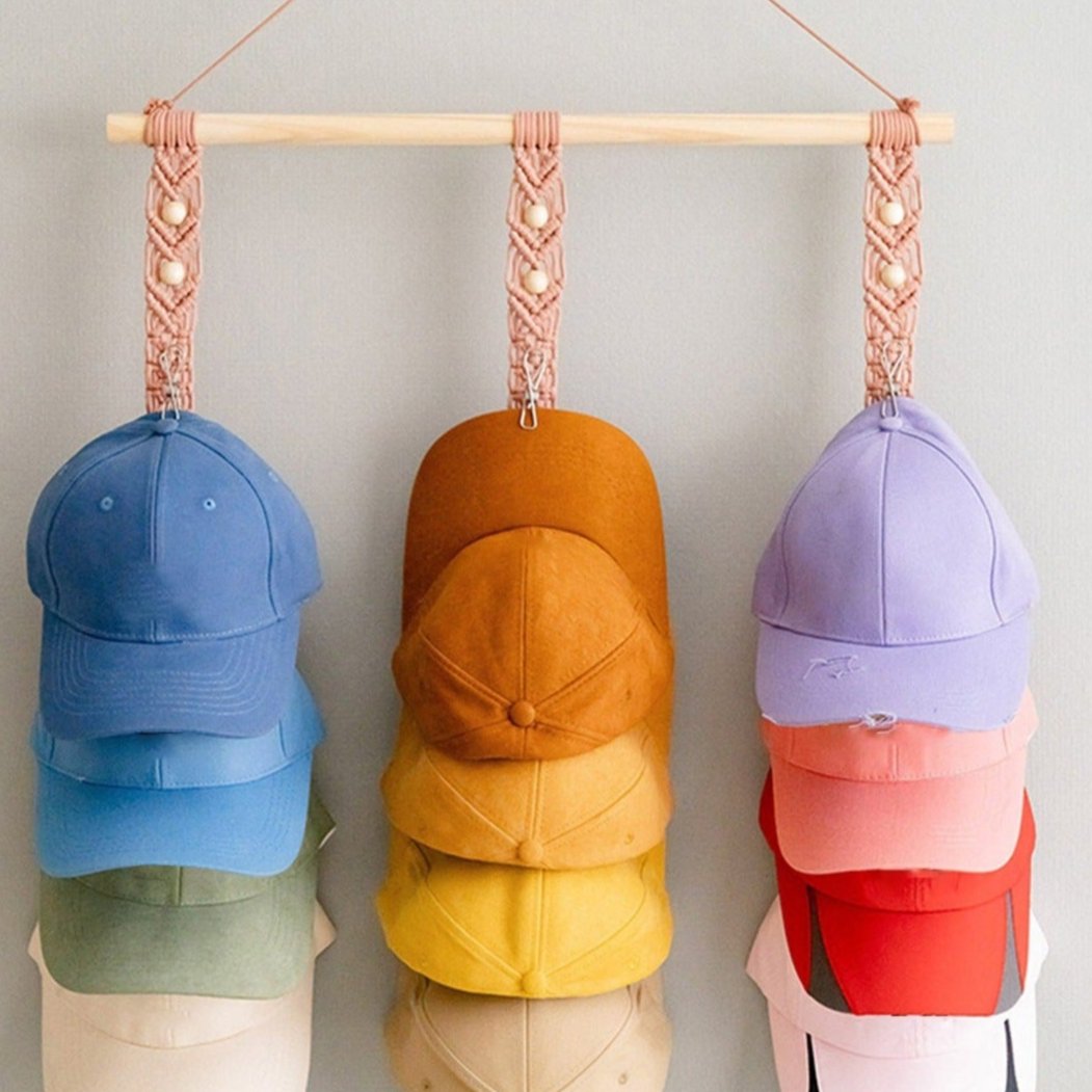 Organizador de gorras de béisbol de macramé bohemio para guardar cosas en el armario 