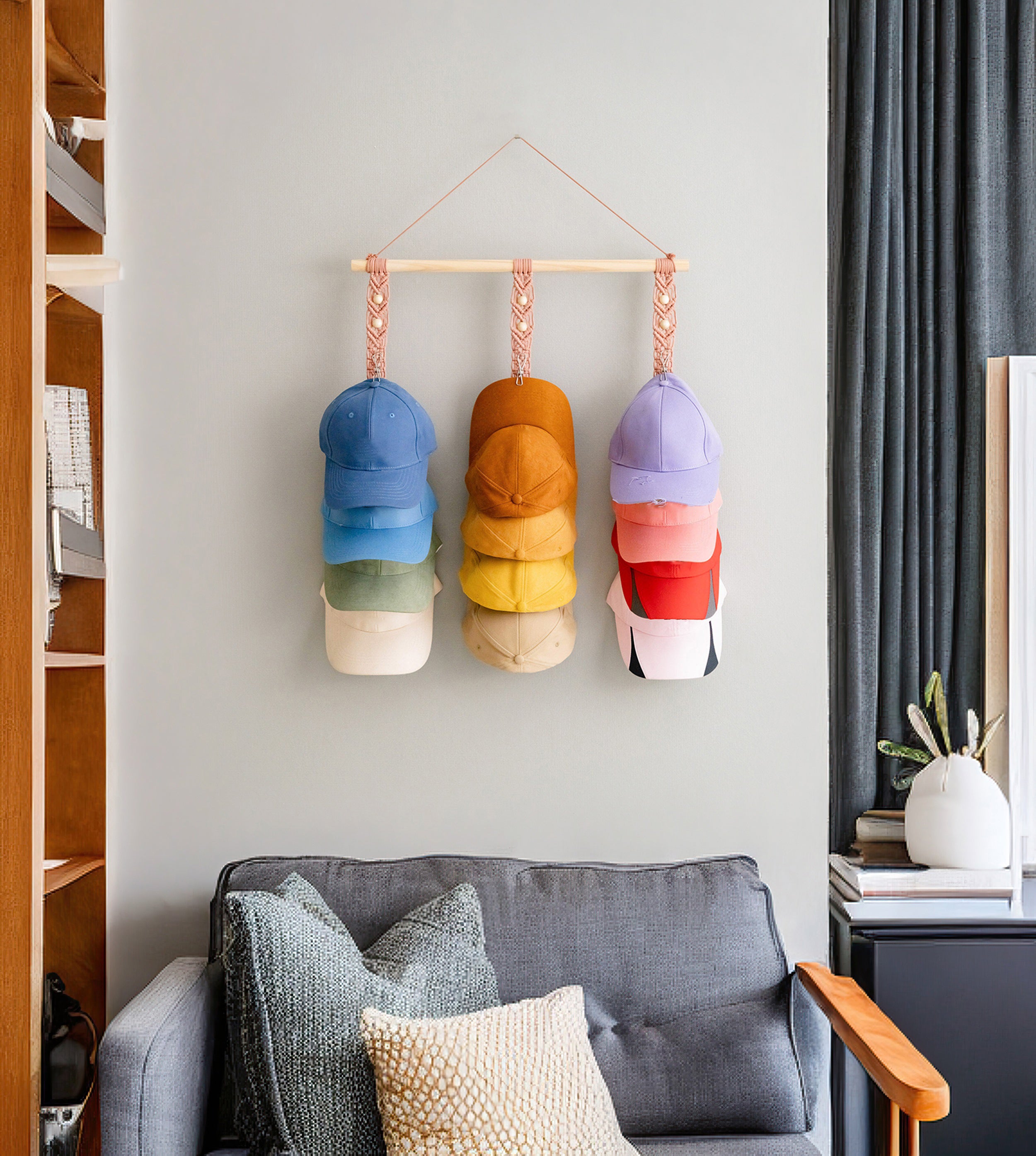 Macrame Baseball Cap Holder Combo - Strap Hat Organizer for Wall H43