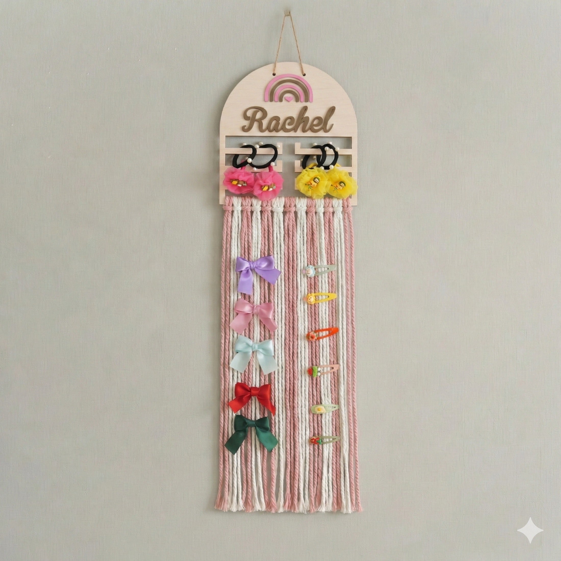 Personalized Macrame Bow Holder wood and Wall Hair Organizer H74