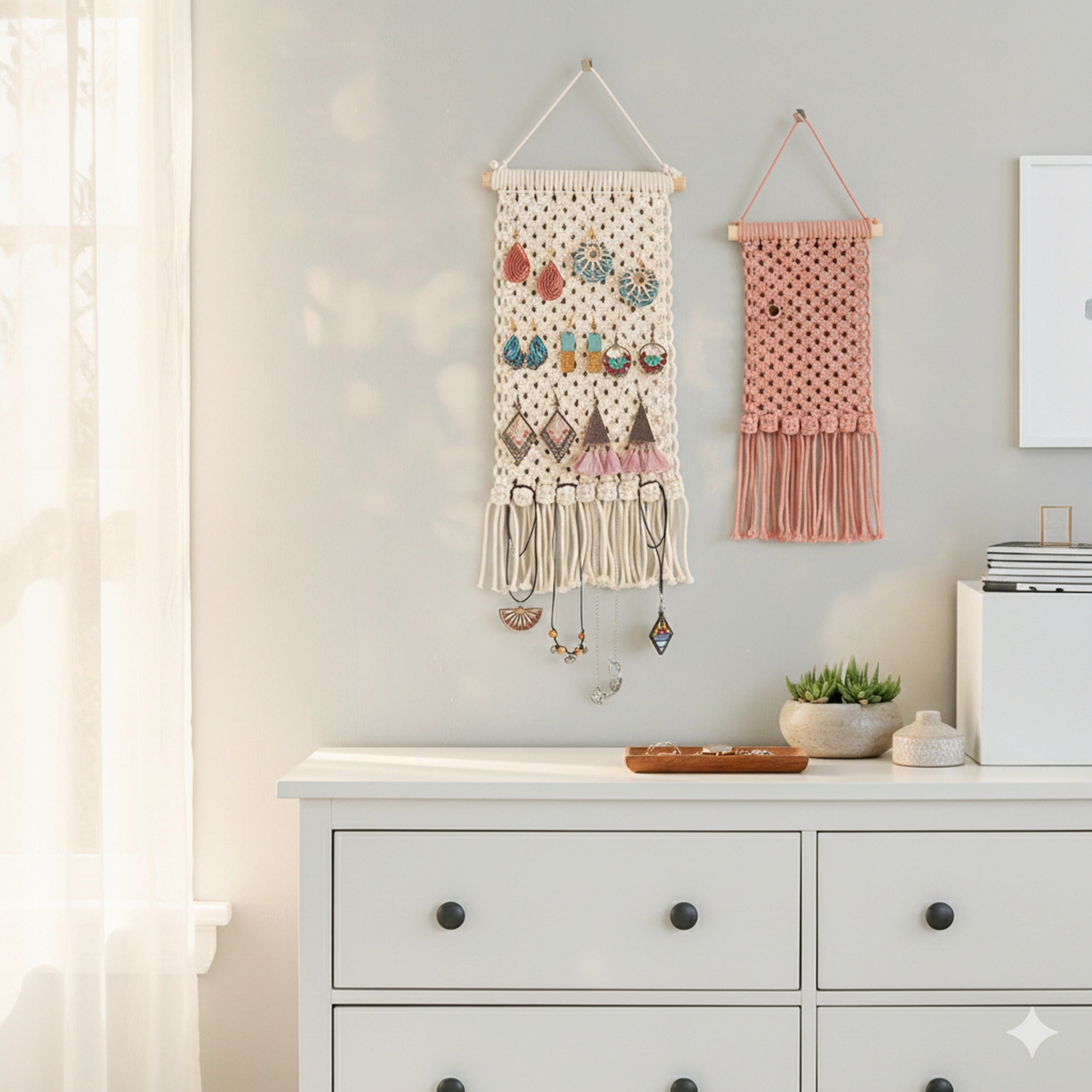 Macrame Earring Holder – Boho Jewelry Organizer Wall Hanging H83