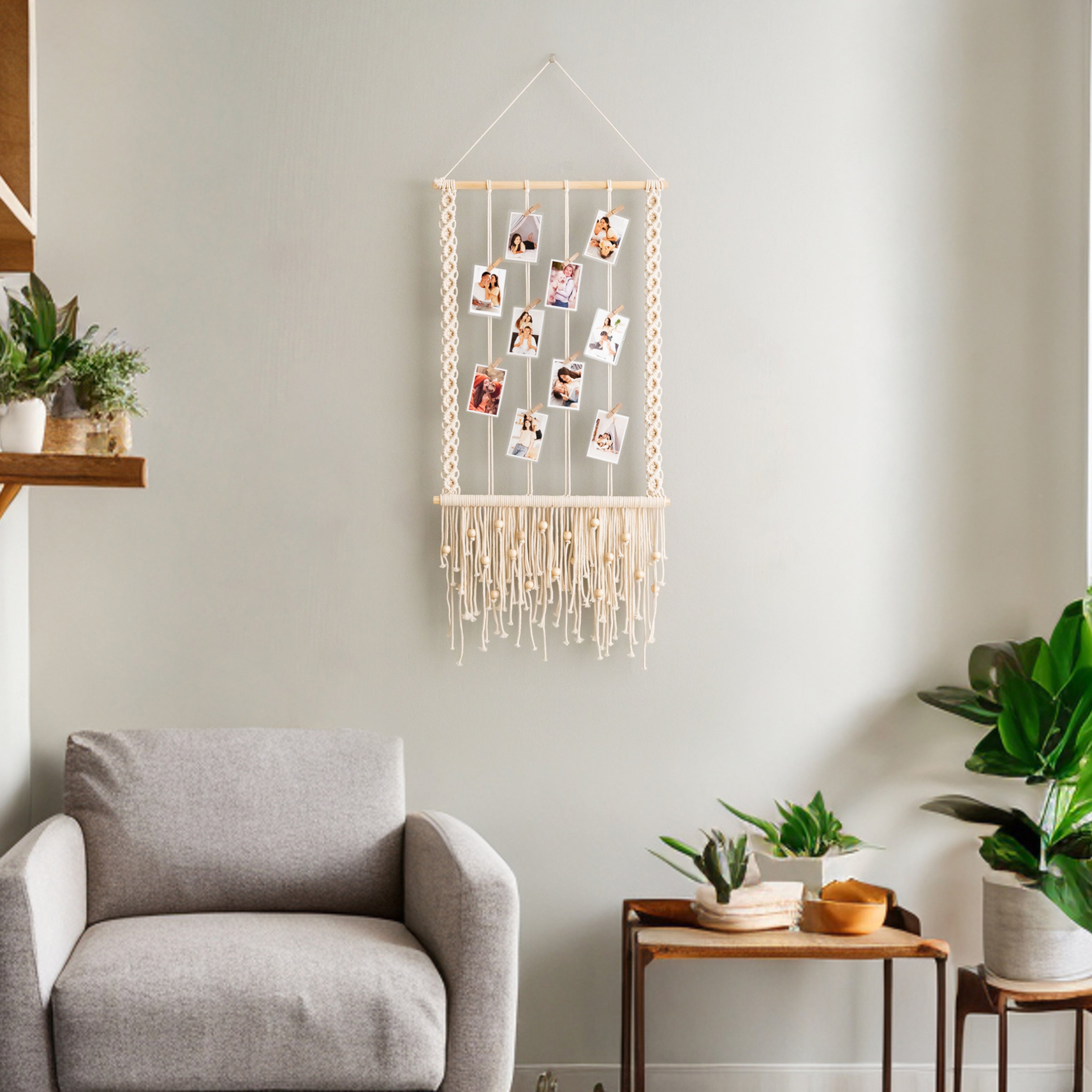 Macrame Wooden Bead Photo Hanger – Boho Wall Display H89