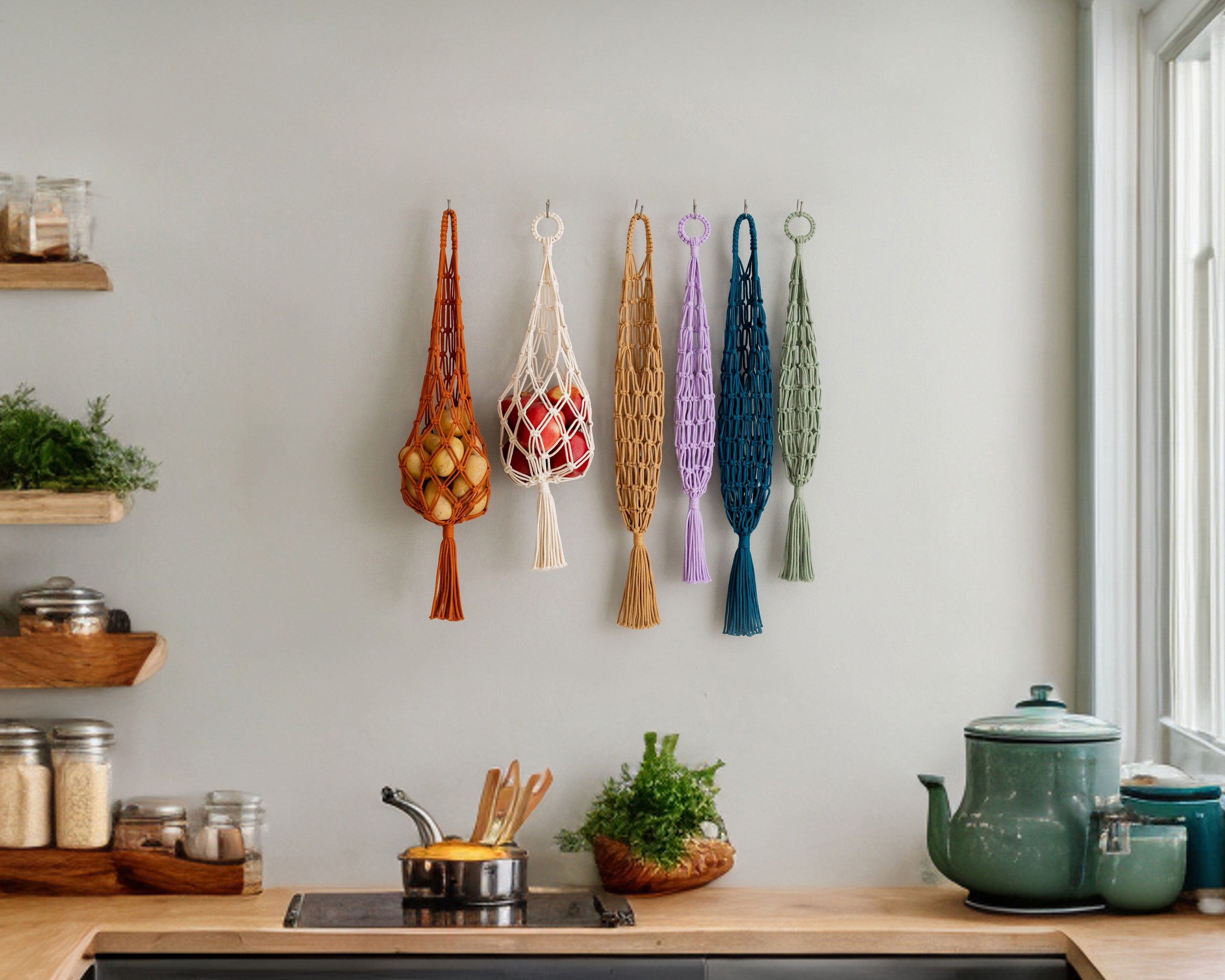 Cesta colgante de macramé para frutas para guardar en la cocina