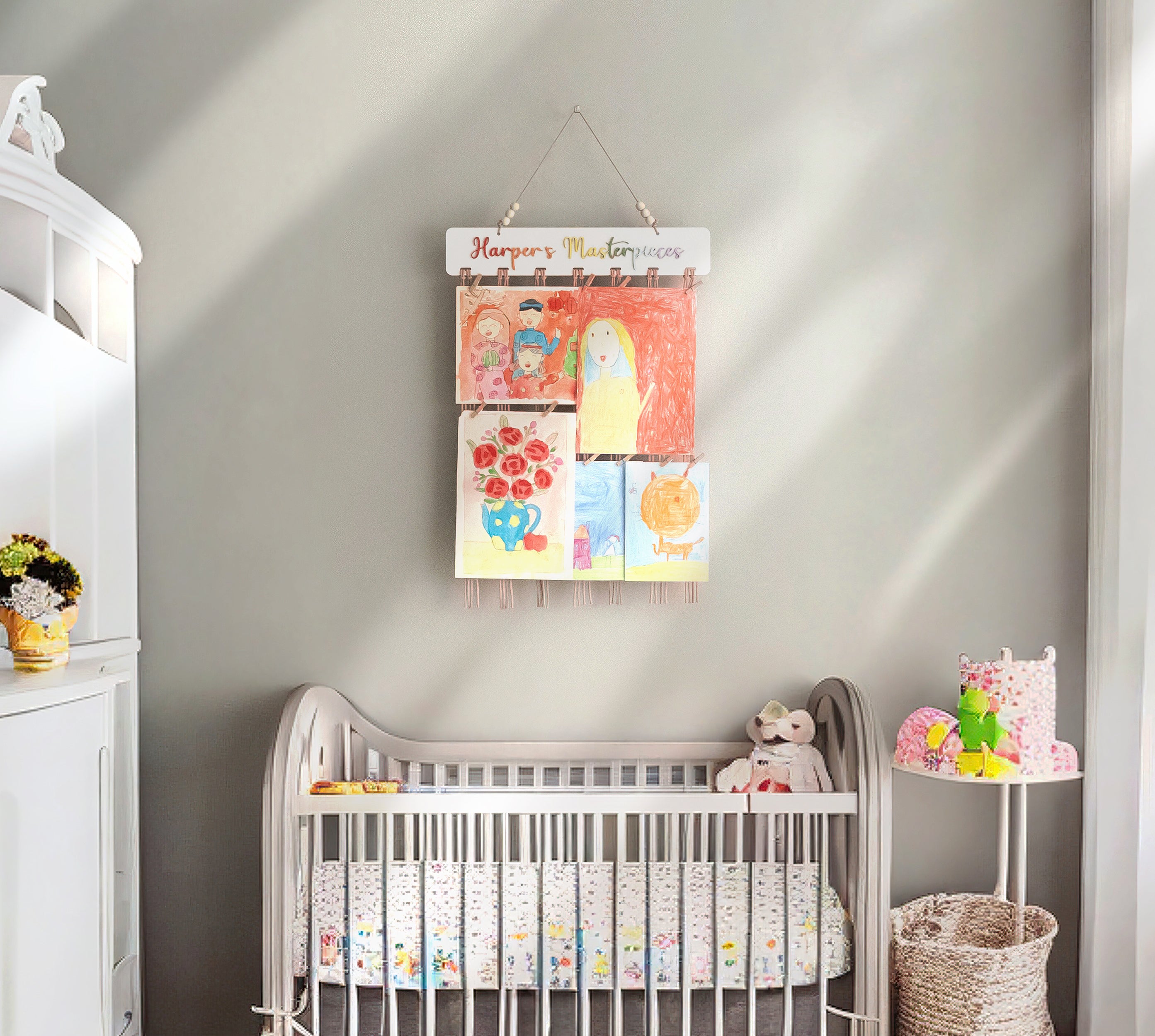 Macrame Kids Art Hanger Wood for Children Artwork Display and Boho Wall Hanging I28