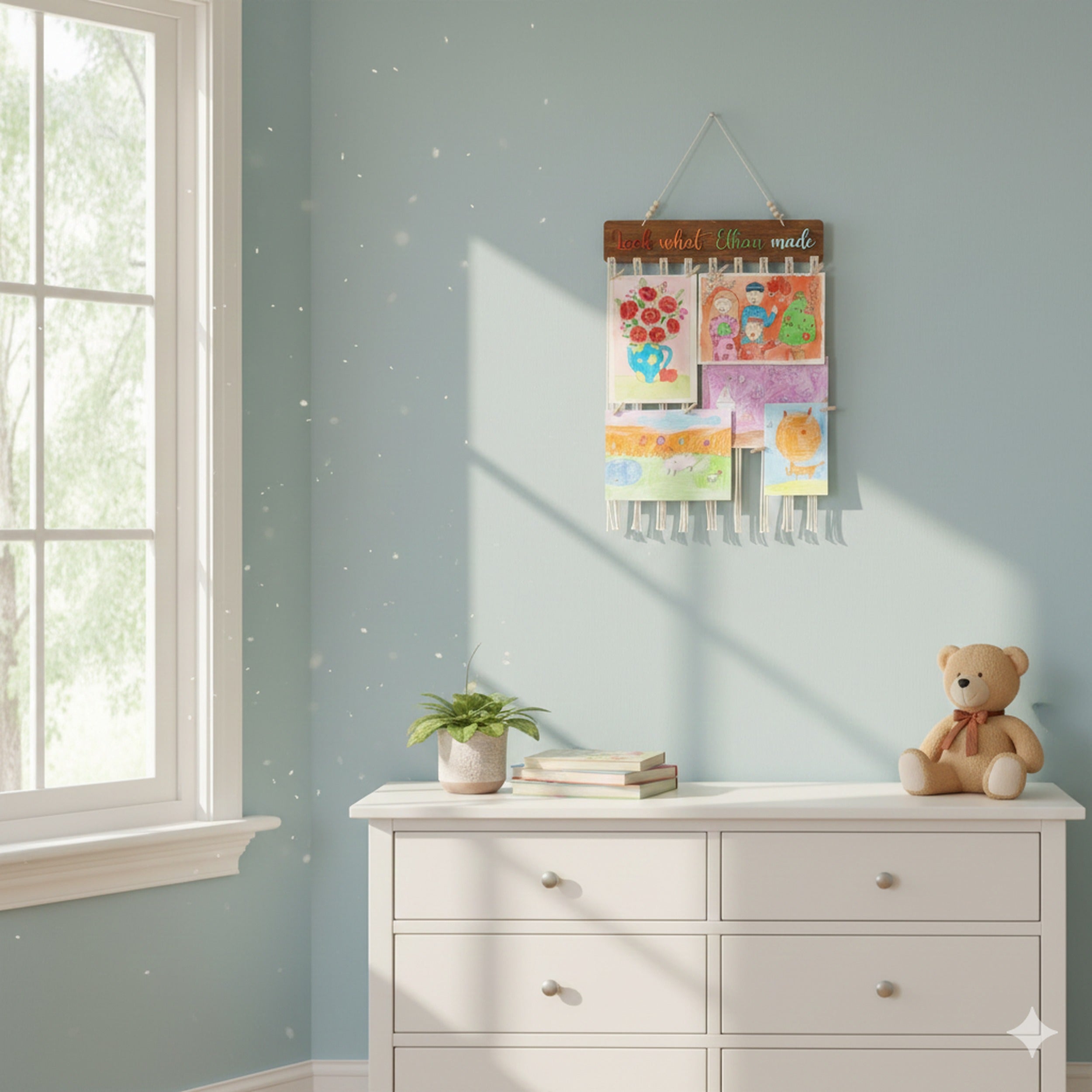 Macrame Kids Art Hanger Wood for Kids Art Display and Boho Wall Decor I28