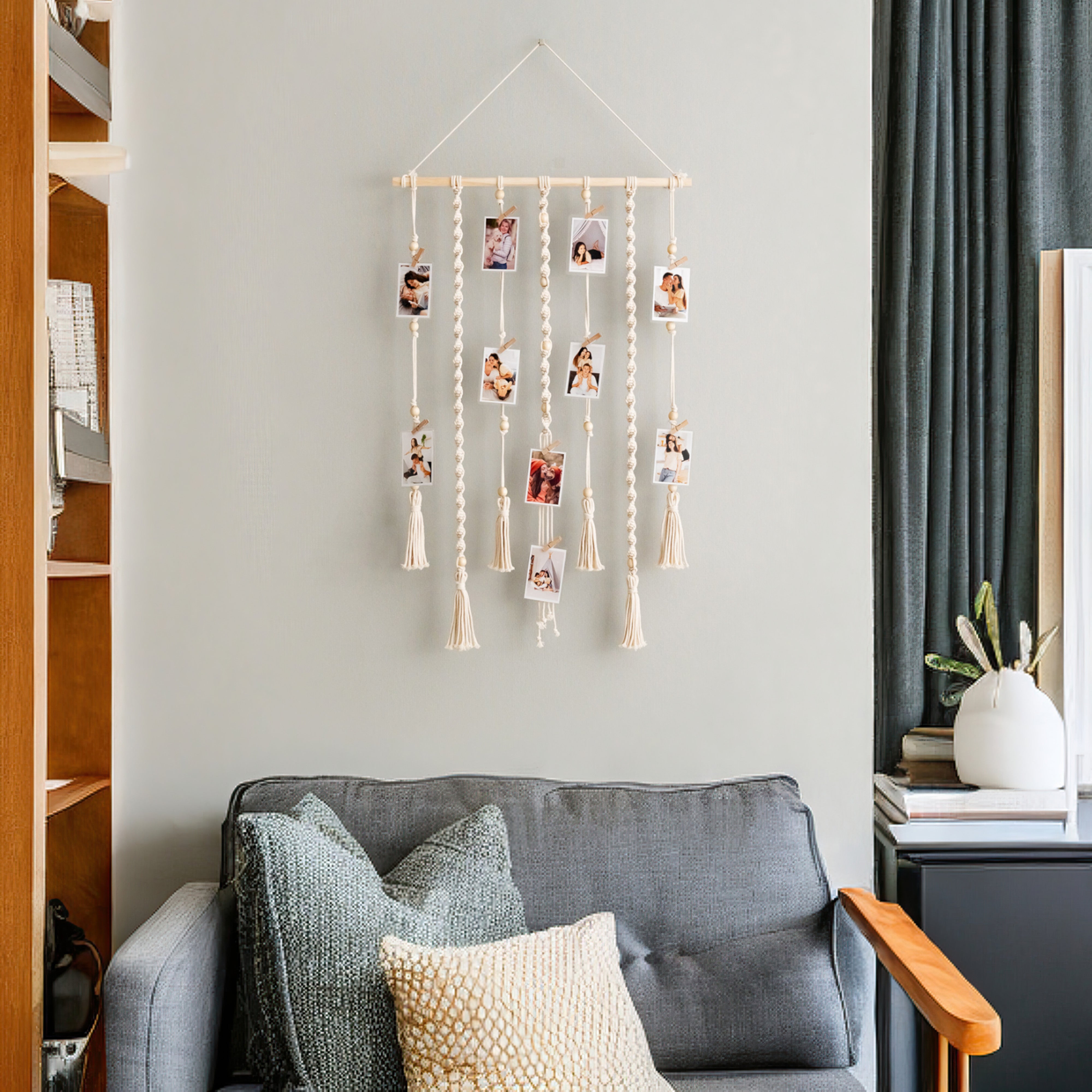 Macrame Photo Display – Boho Picture Wall Hanging with Clips I55