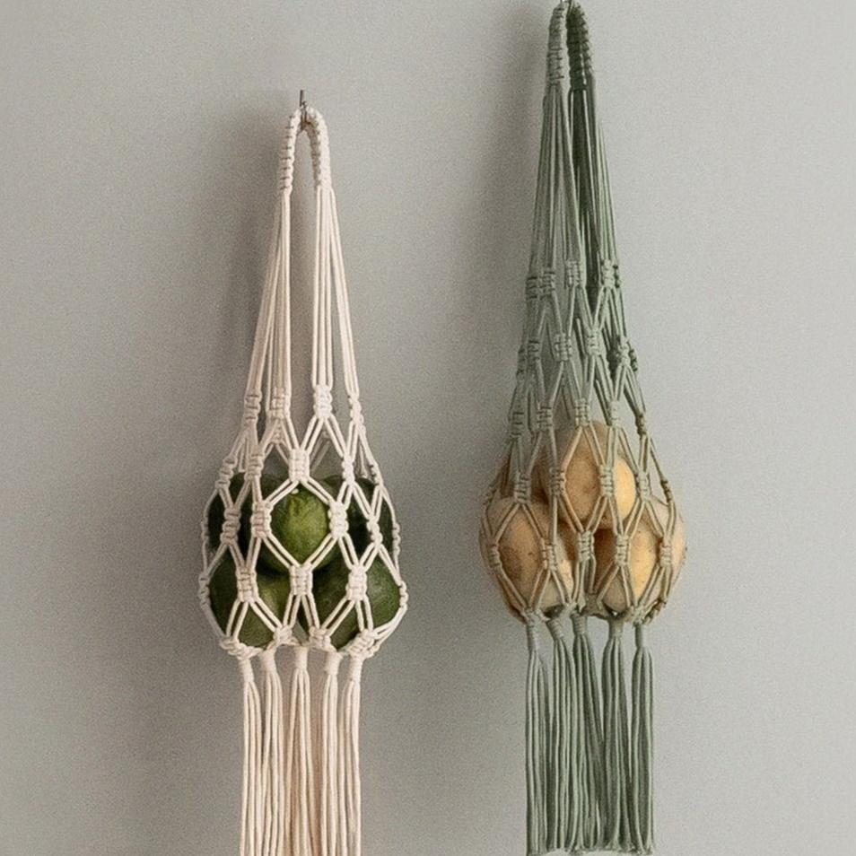 Cesta colgante de macramé para frutas para organizar el hogar de estilo bohemio