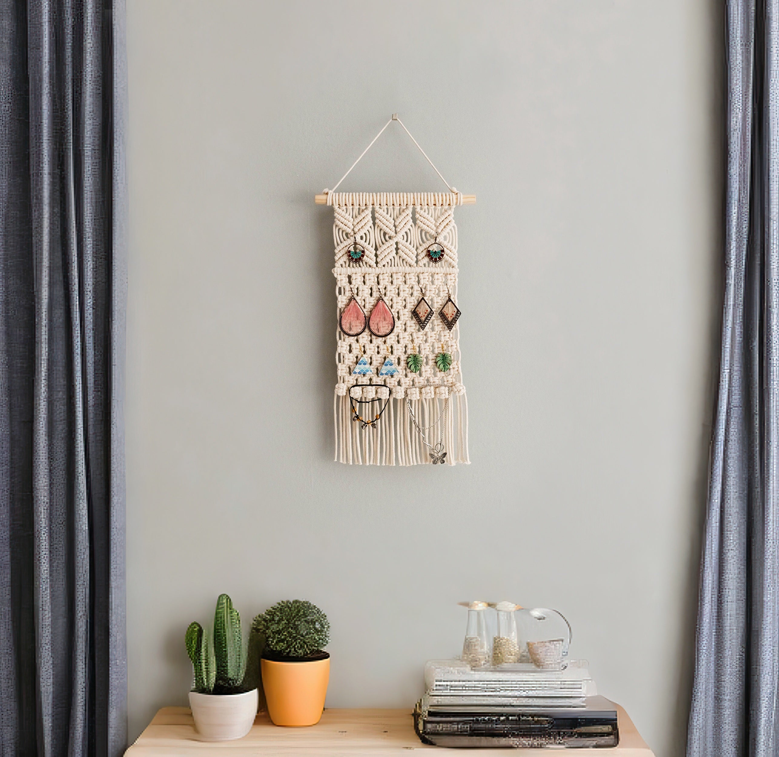 Macrame Earring Holder - Boho Jewelry Organizer Wall Hanging I80