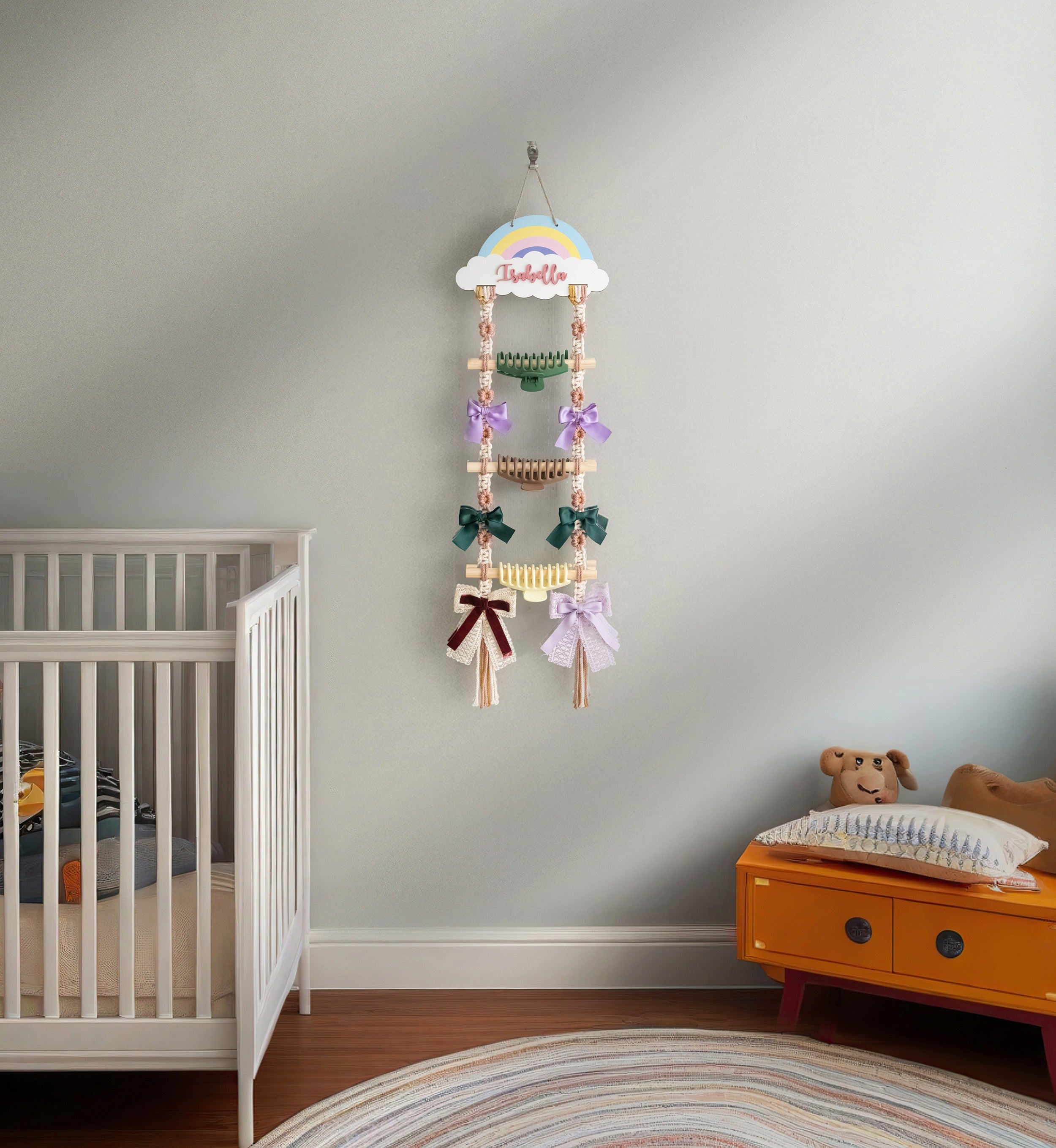 Personalized Macrame Hair Clip Holder | Bow Hanger For Girls Wall Decor I92