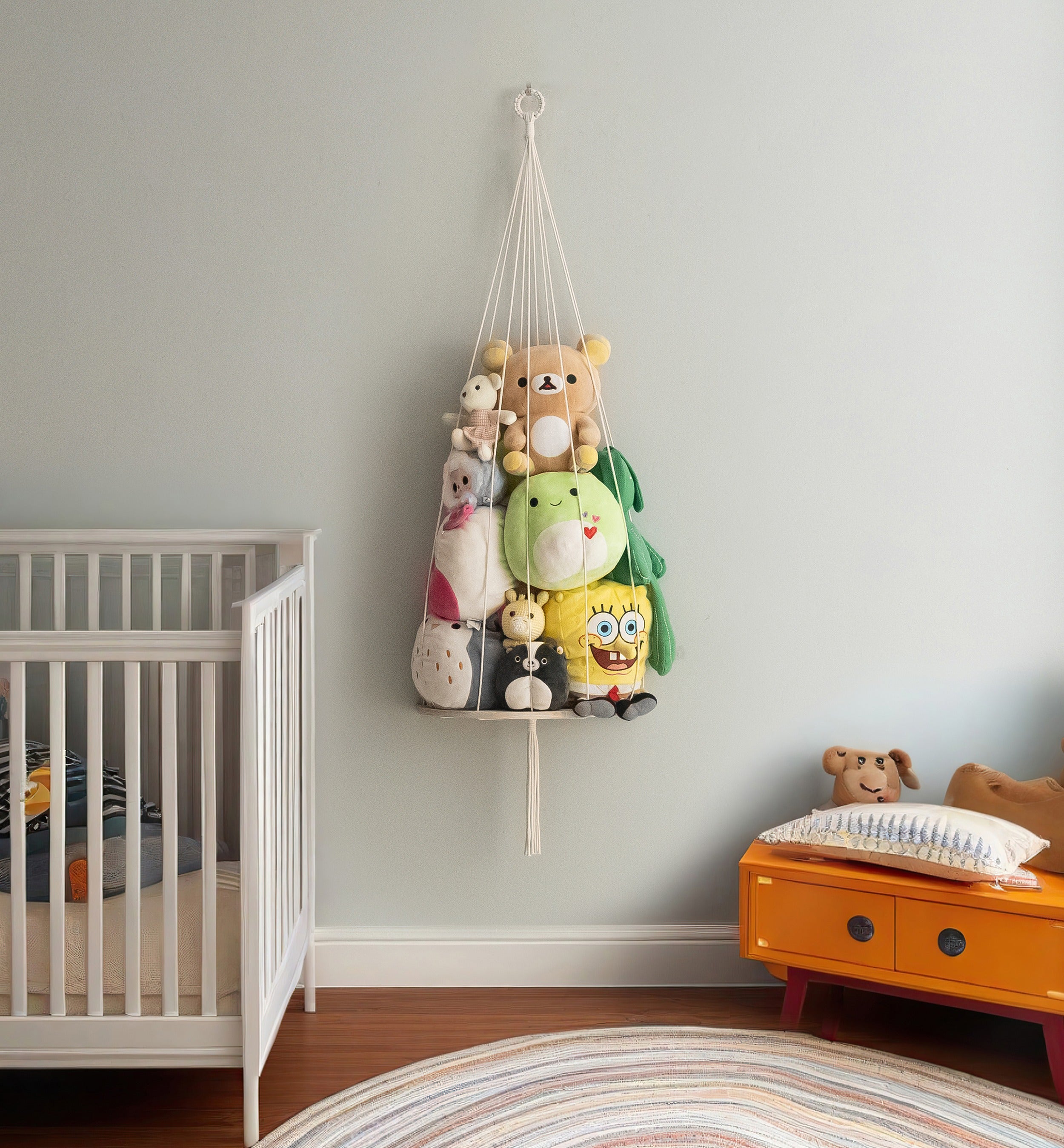 Macrame Toy Hammock with Wood Shelf for Stuffed Animal Storage I94