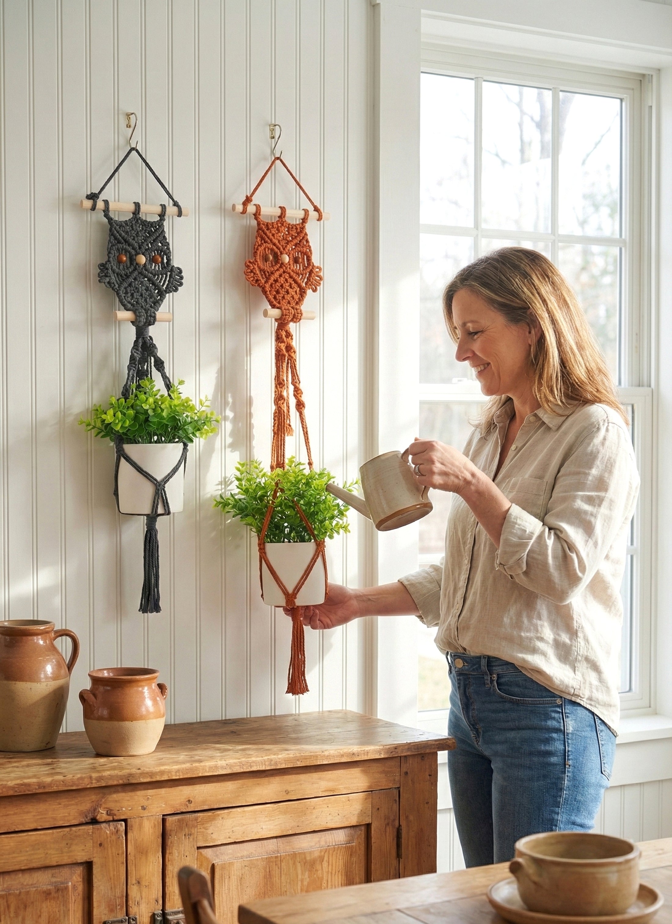 Macrame Owl Plant Hanger for Boho Wall Plant Decor H85