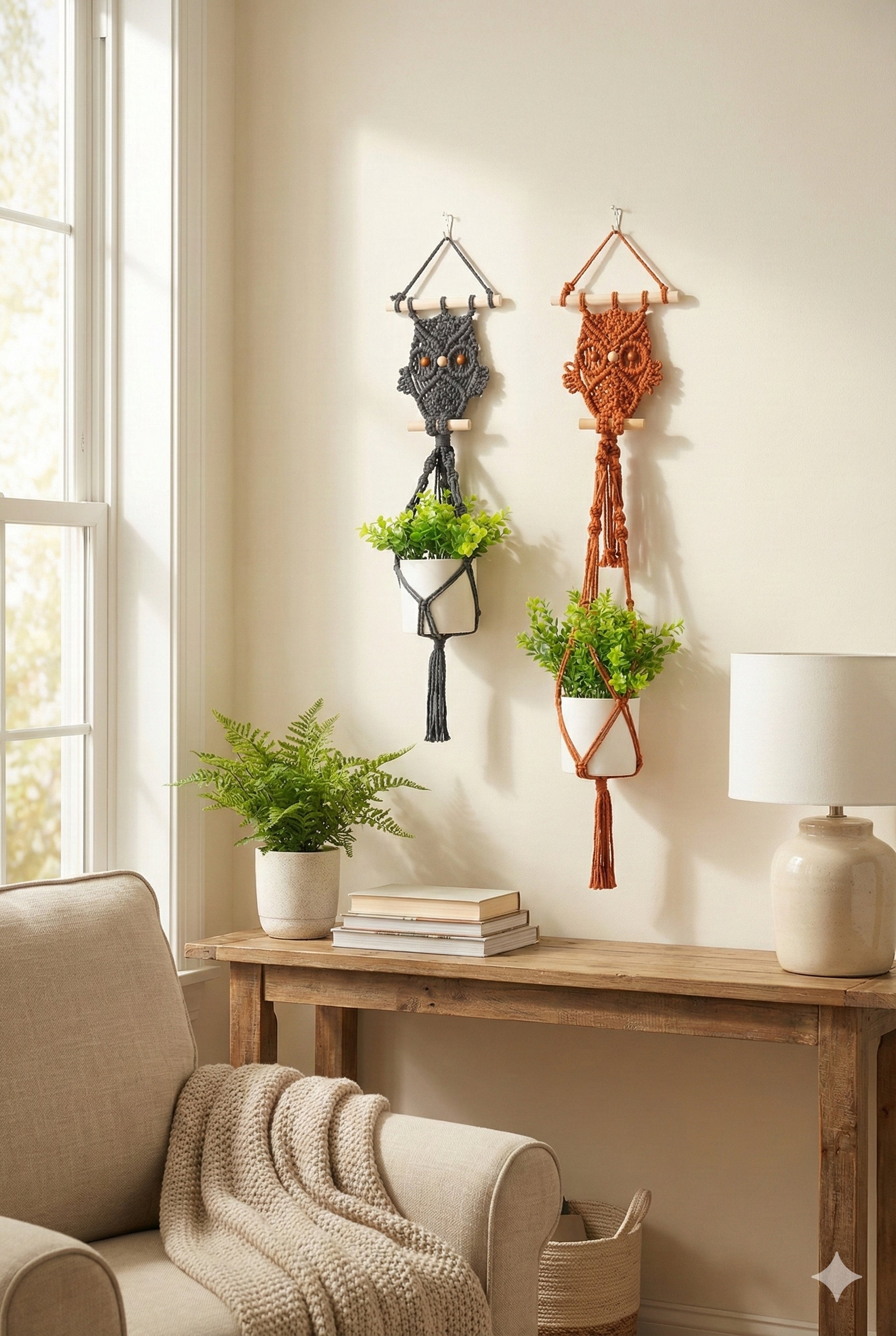 Macrame Owl Plant Hanger for Boho Wall Plant Decor H85