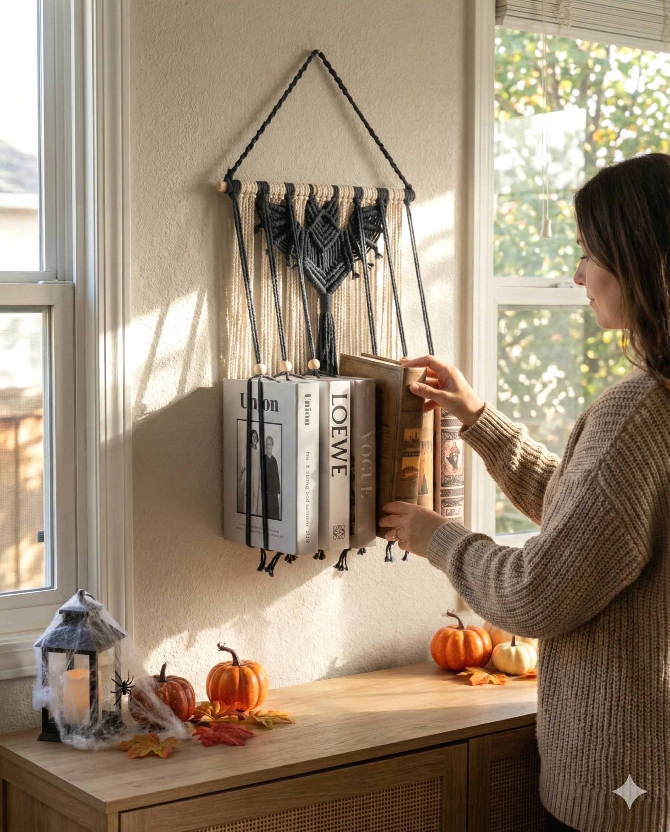 Macrame Bat-Inspired Wall Book Holder – Hanging Bookshelf Organizer H19