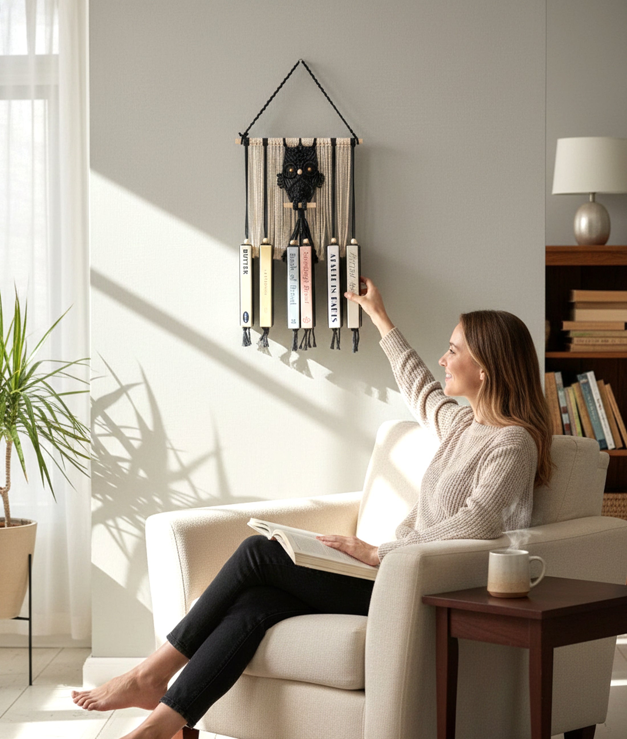 Macrame Owl Book Hanger – Hanging Bookshelf with Owl Design H76