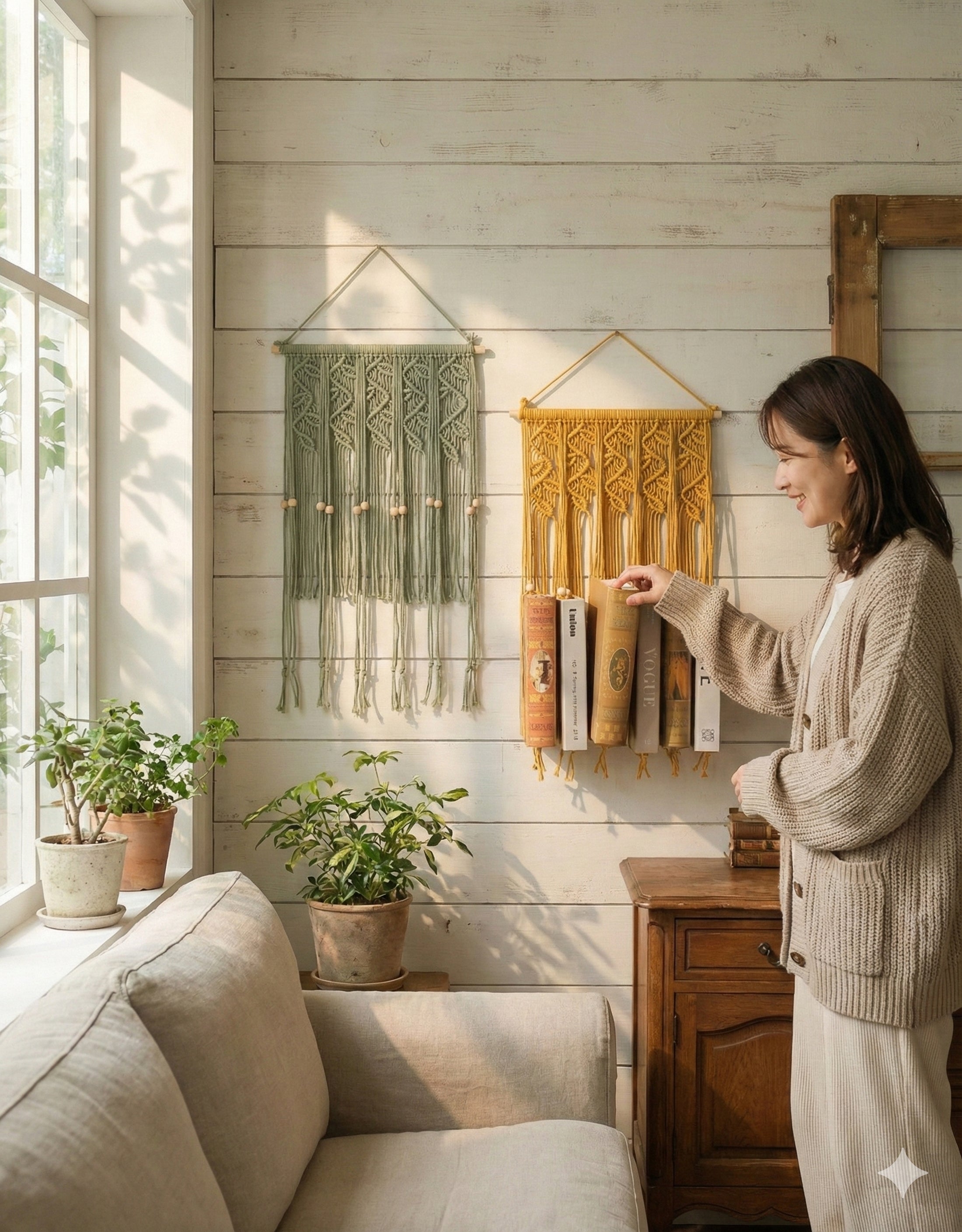 Macrame Wall Hanging Bookshelf for Boho Living Room Decor I34